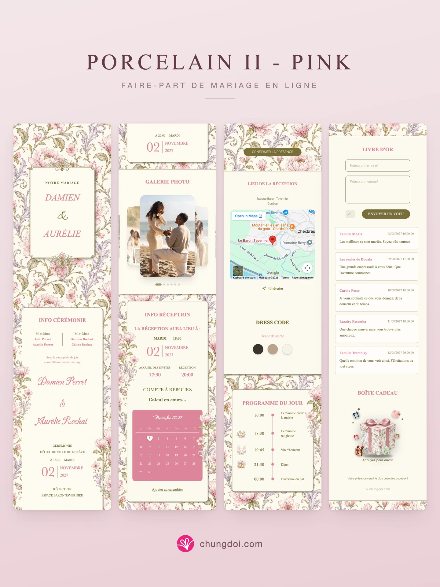 Vue complète du faire-part de mariage Porcelain II - Pink : ses trois parties côte à côte