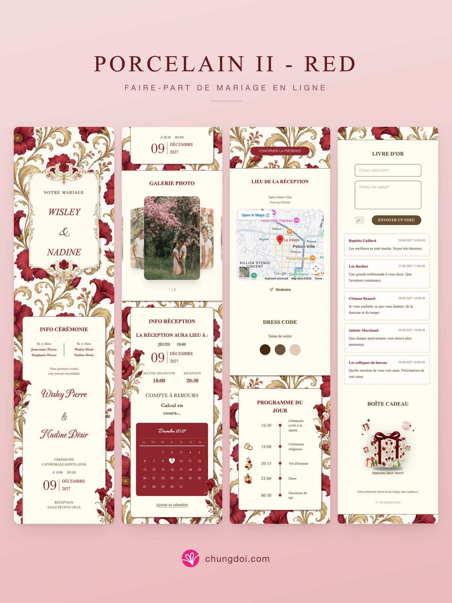 Vue complète du faire-part de mariage Porcelain II - Red : ses trois parties côte à côte