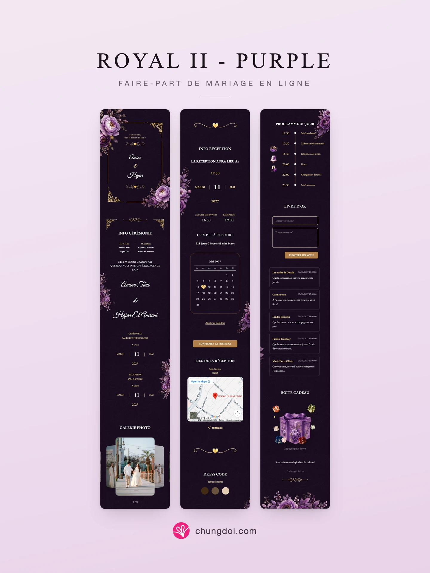 Vue complète du faire-part de mariage Royal II - Purple : ses trois parties côte à côte