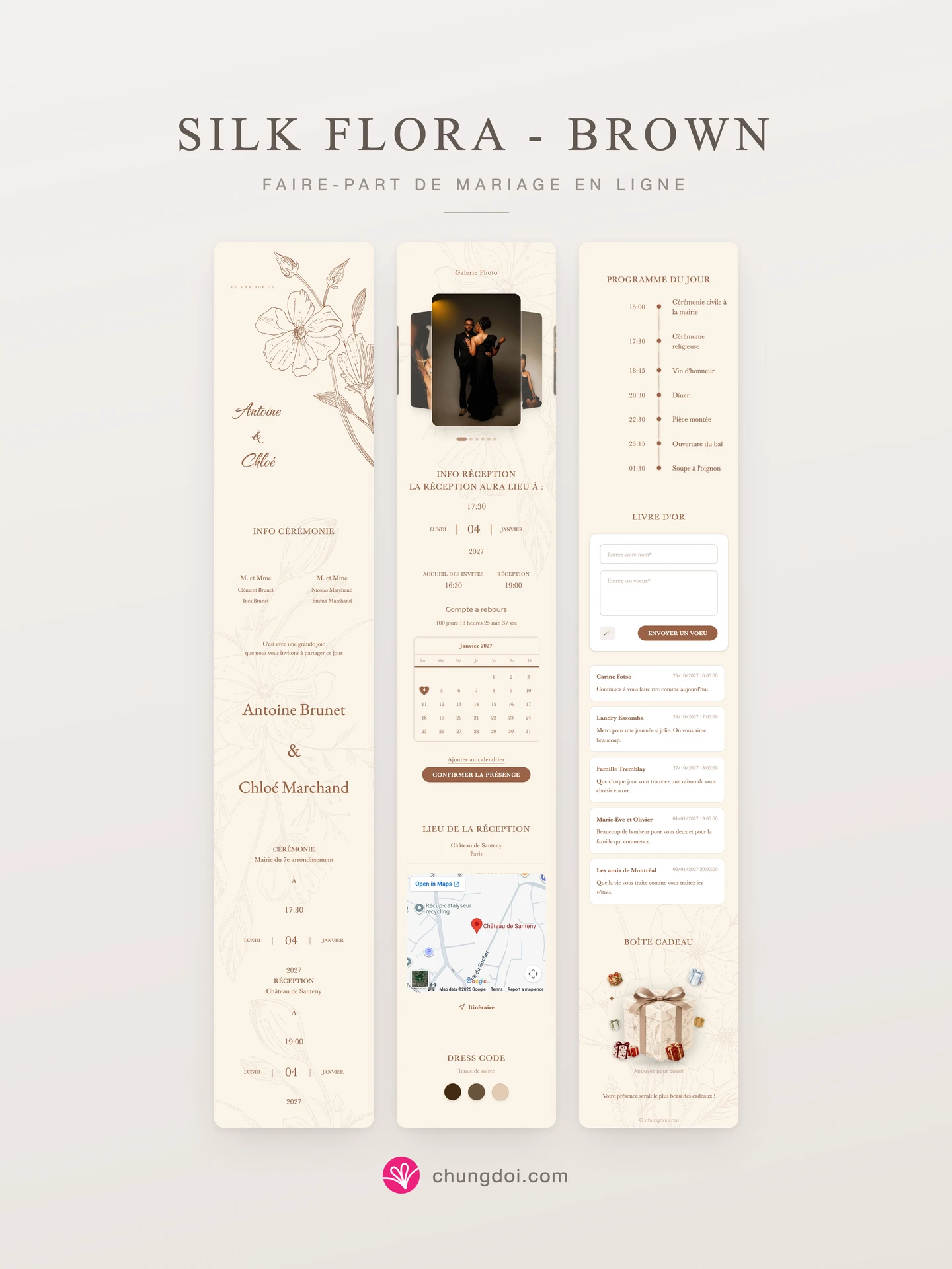 Vue complète du faire-part de mariage Silk Flora - Brown : ses trois parties côte à côte
