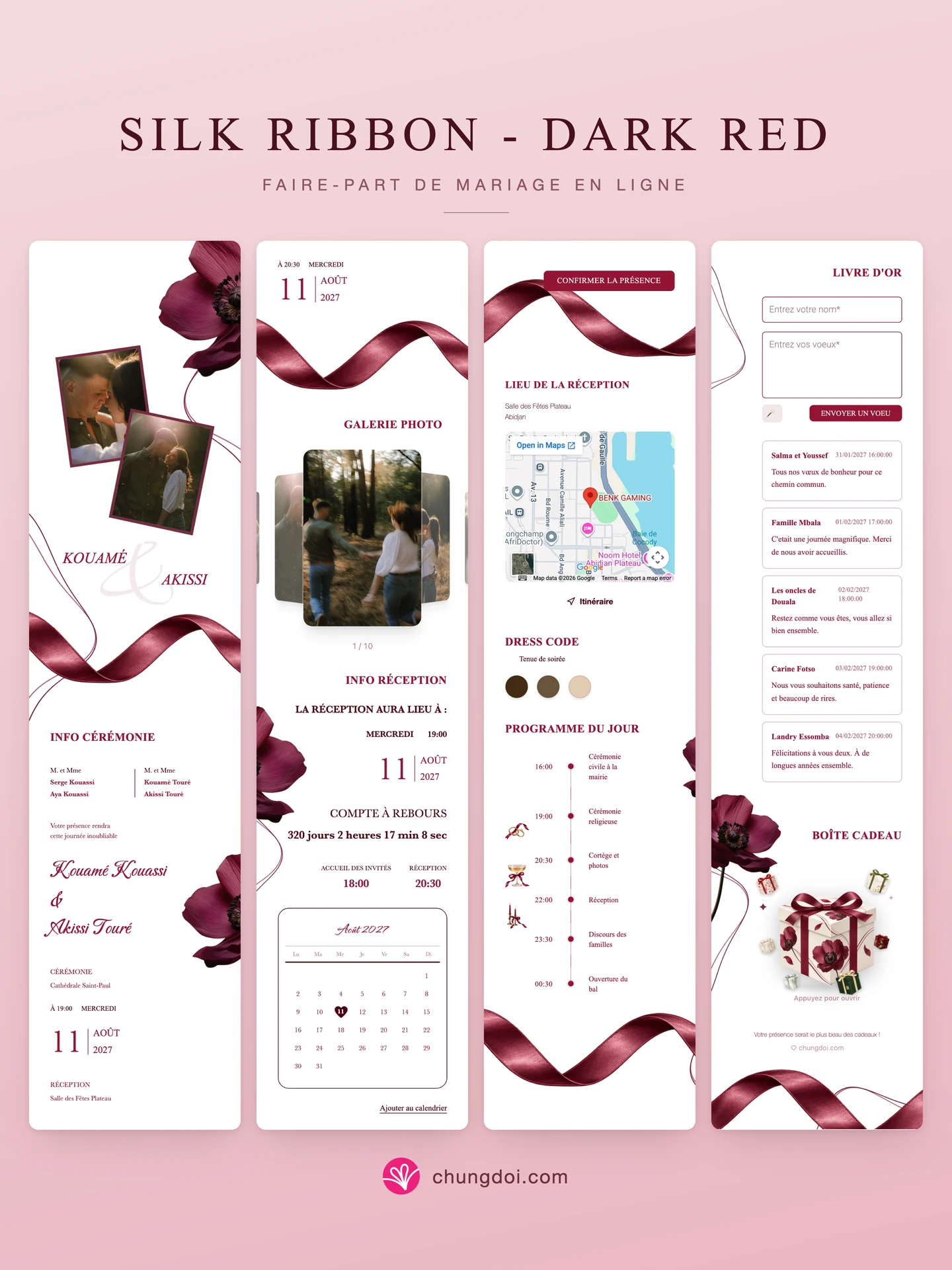 Vue complète du faire-part de mariage Silk Ribbon - Dark Red : ses trois parties côte à côte