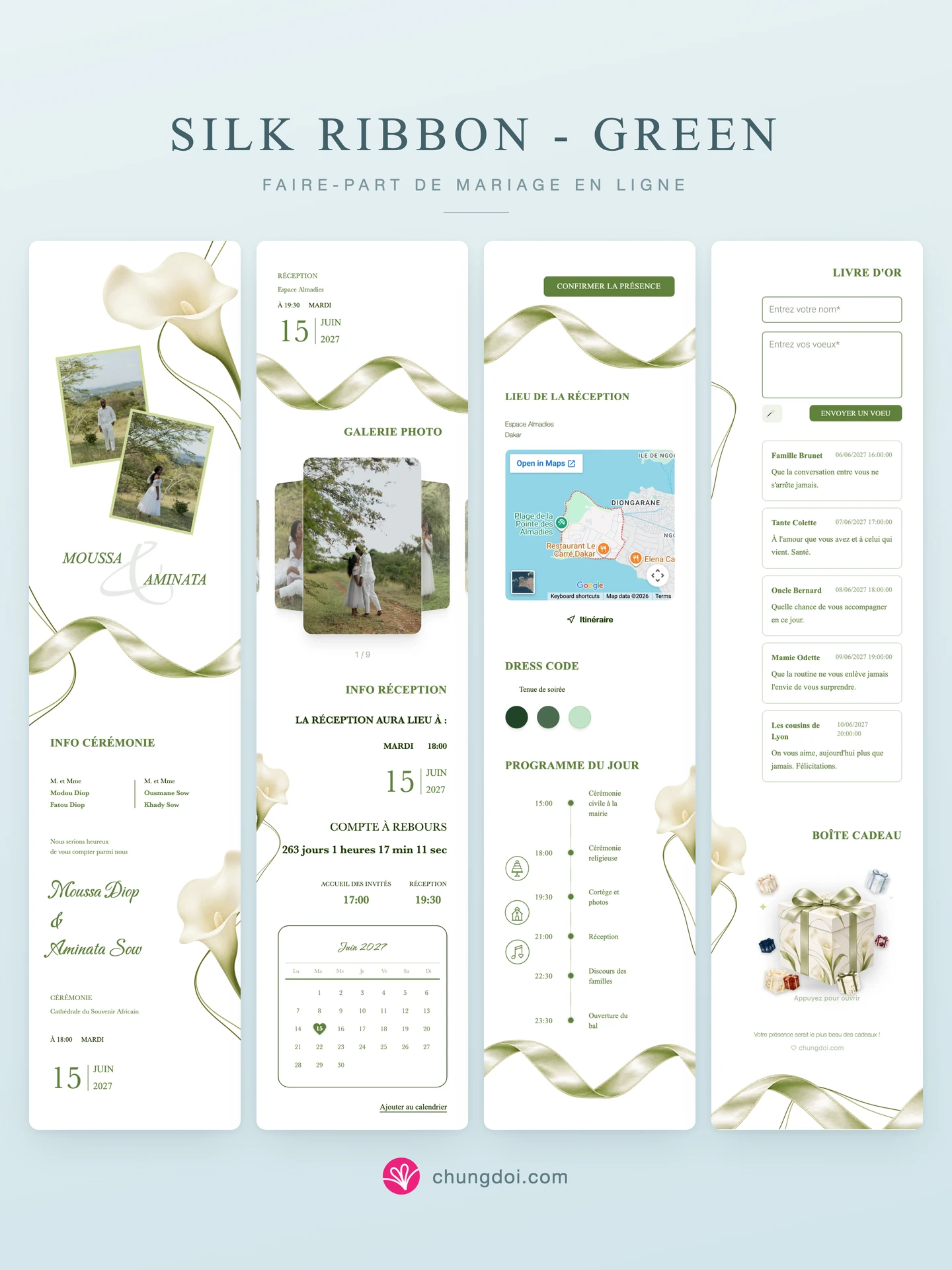 Vue complète du faire-part de mariage Silk Ribbon - Green : ses trois parties côte à côte