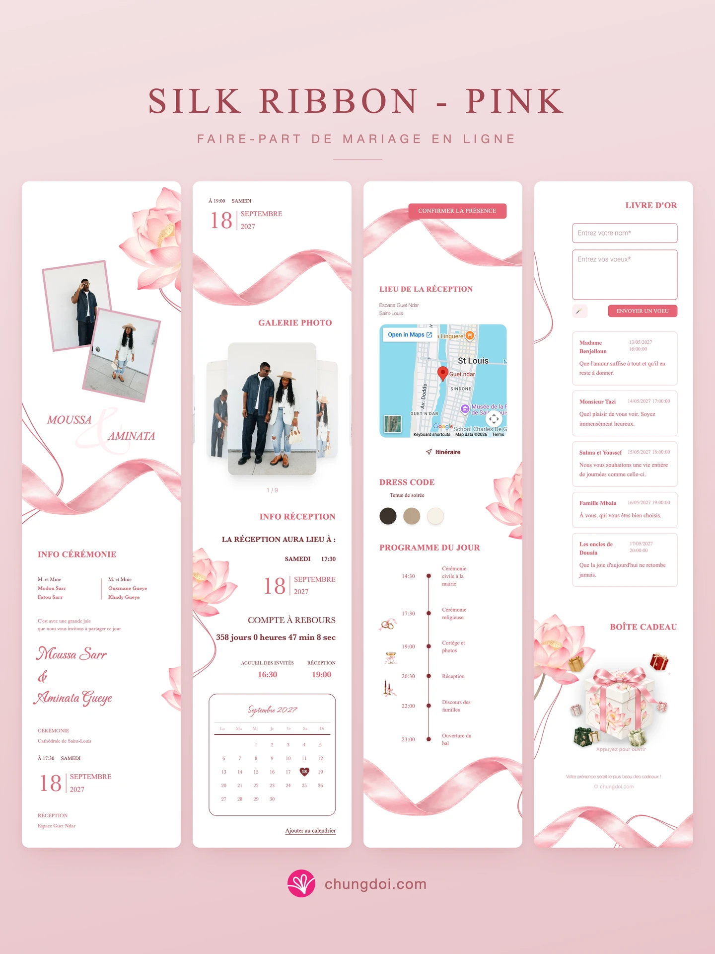 Vue complète du faire-part de mariage Silk Ribbon - Pink : ses trois parties côte à côte