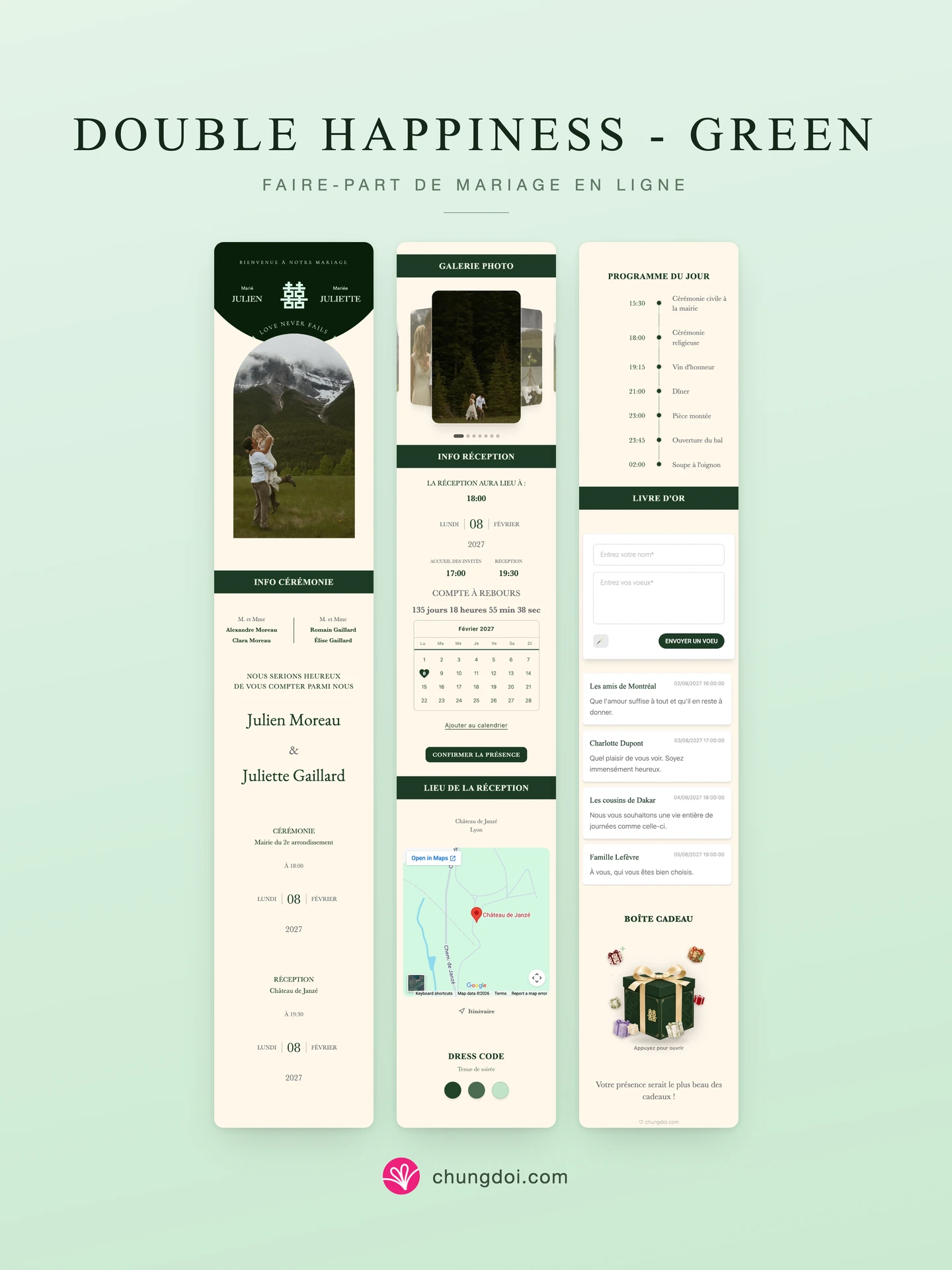 Vue complète du faire-part de mariage Double Happiness - Green : ses trois parties côte à côte