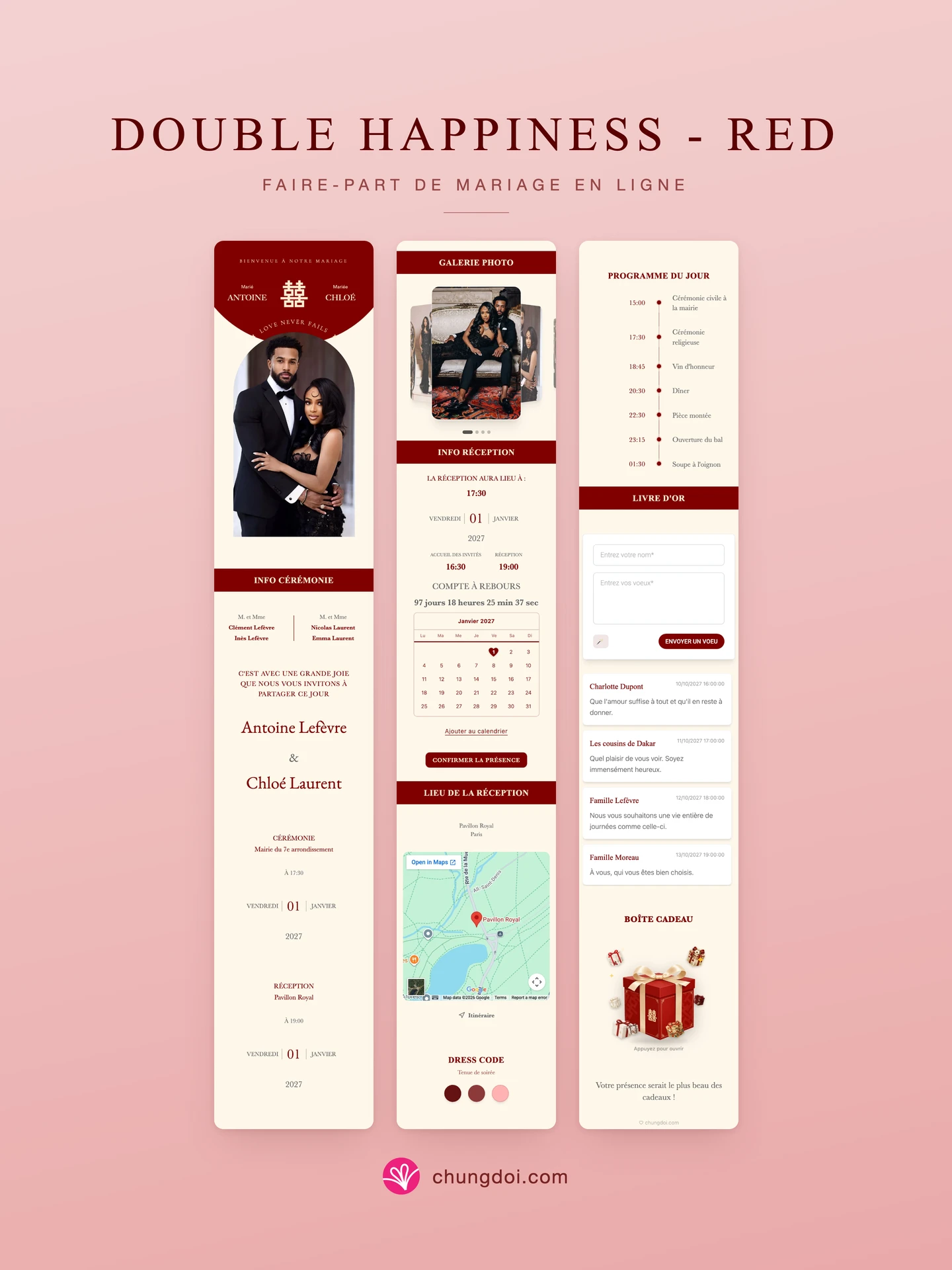 Vue complète du faire-part de mariage Double Happiness - Red : ses trois parties côte à côte