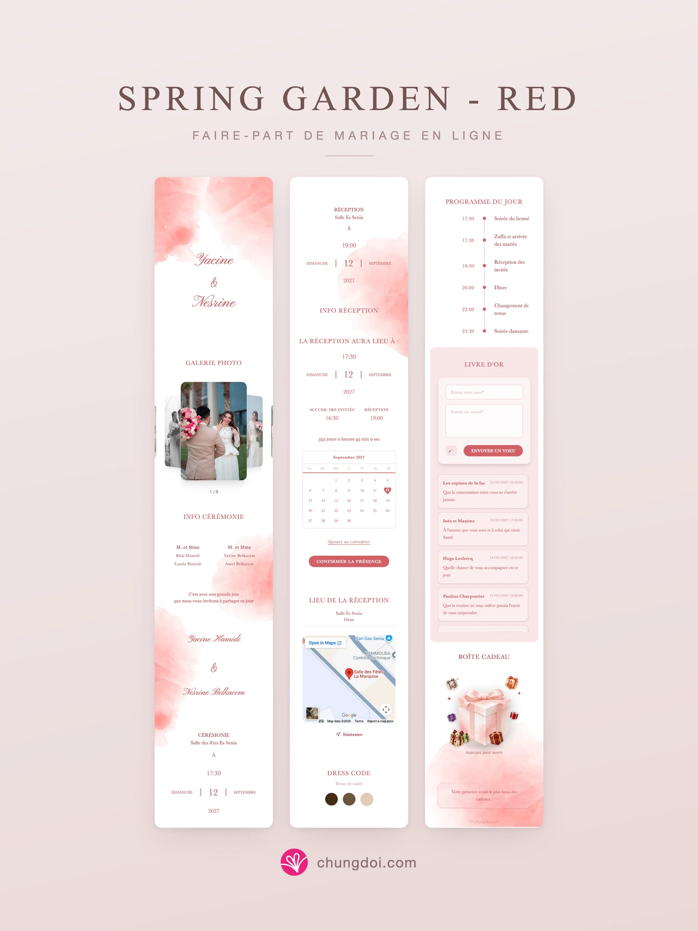 Vue complète du faire-part de mariage Spring Garden - Red : ses trois parties côte à côte
