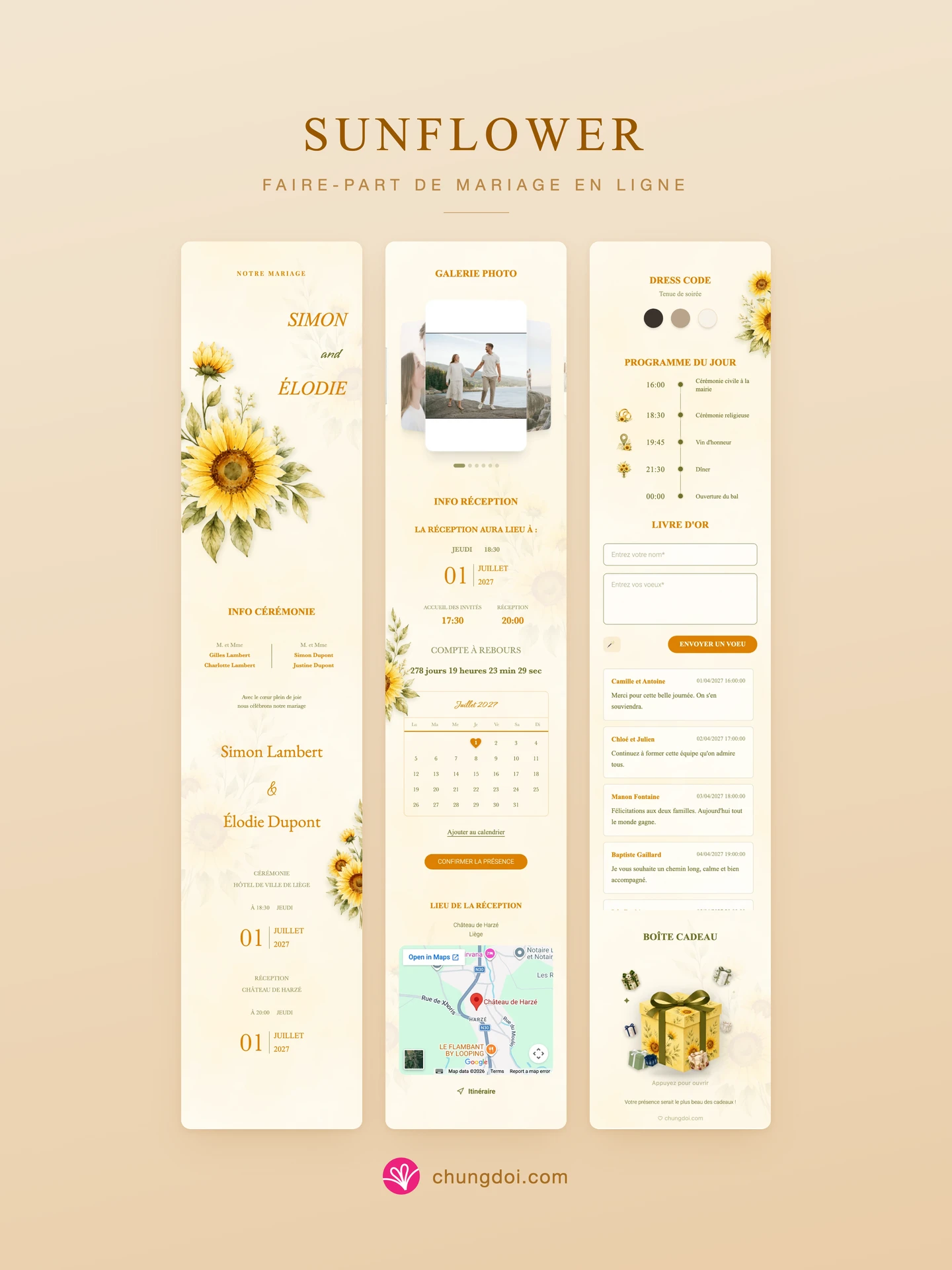 Vue complète du faire-part de mariage Sunflower : ses trois parties côte à côte
