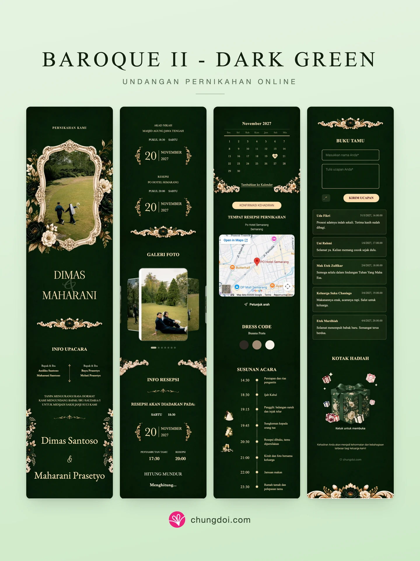 Tampilan lengkap undangan pernikahan Baroque II - Dark Green: tiga bagiannya berdampingan