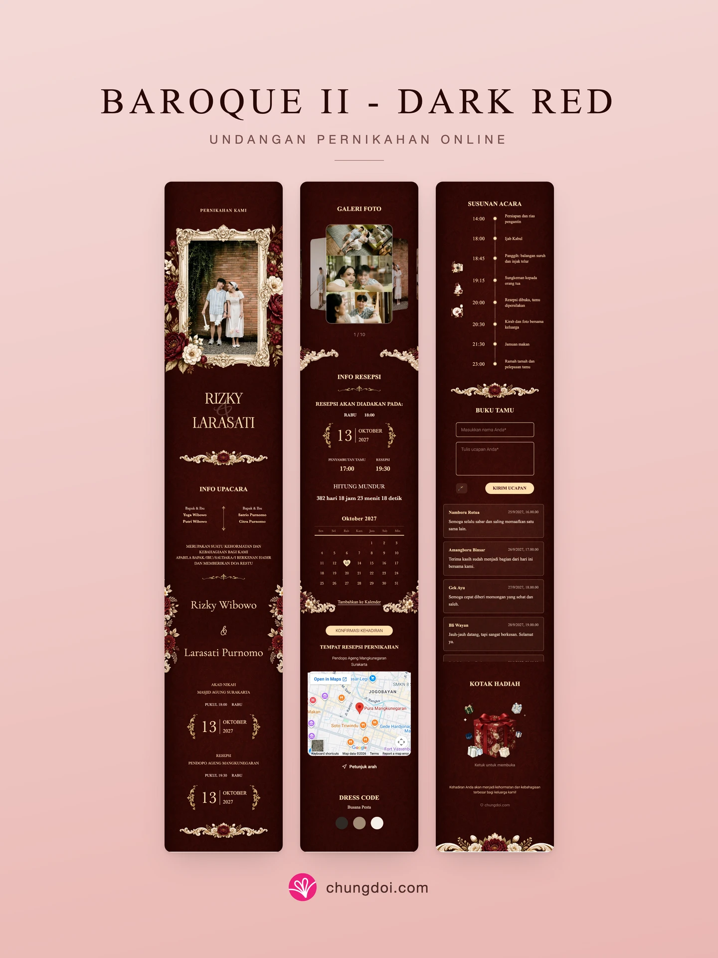 Tampilan lengkap undangan pernikahan Baroque II - Dark Red: tiga bagiannya berdampingan