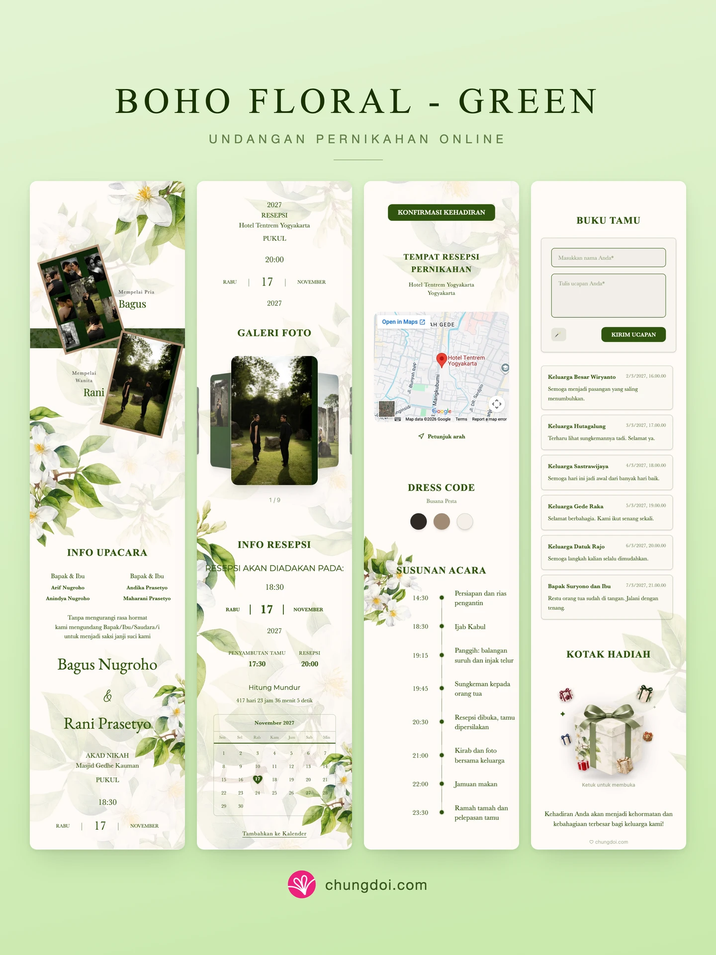 Tampilan lengkap undangan pernikahan Boho Floral - Green: tiga bagiannya berdampingan