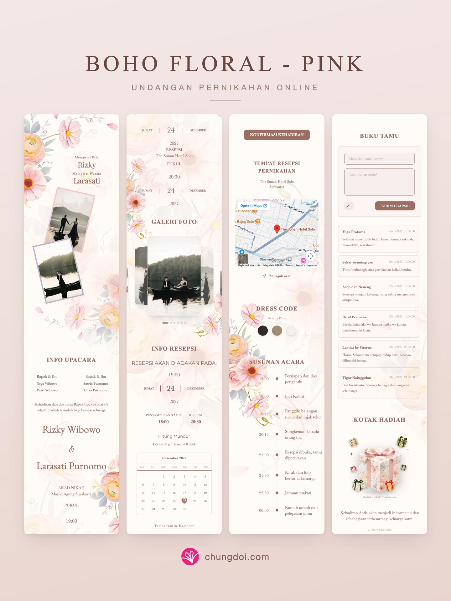 Tampilan lengkap undangan pernikahan Boho Floral - Pink: tiga bagiannya berdampingan