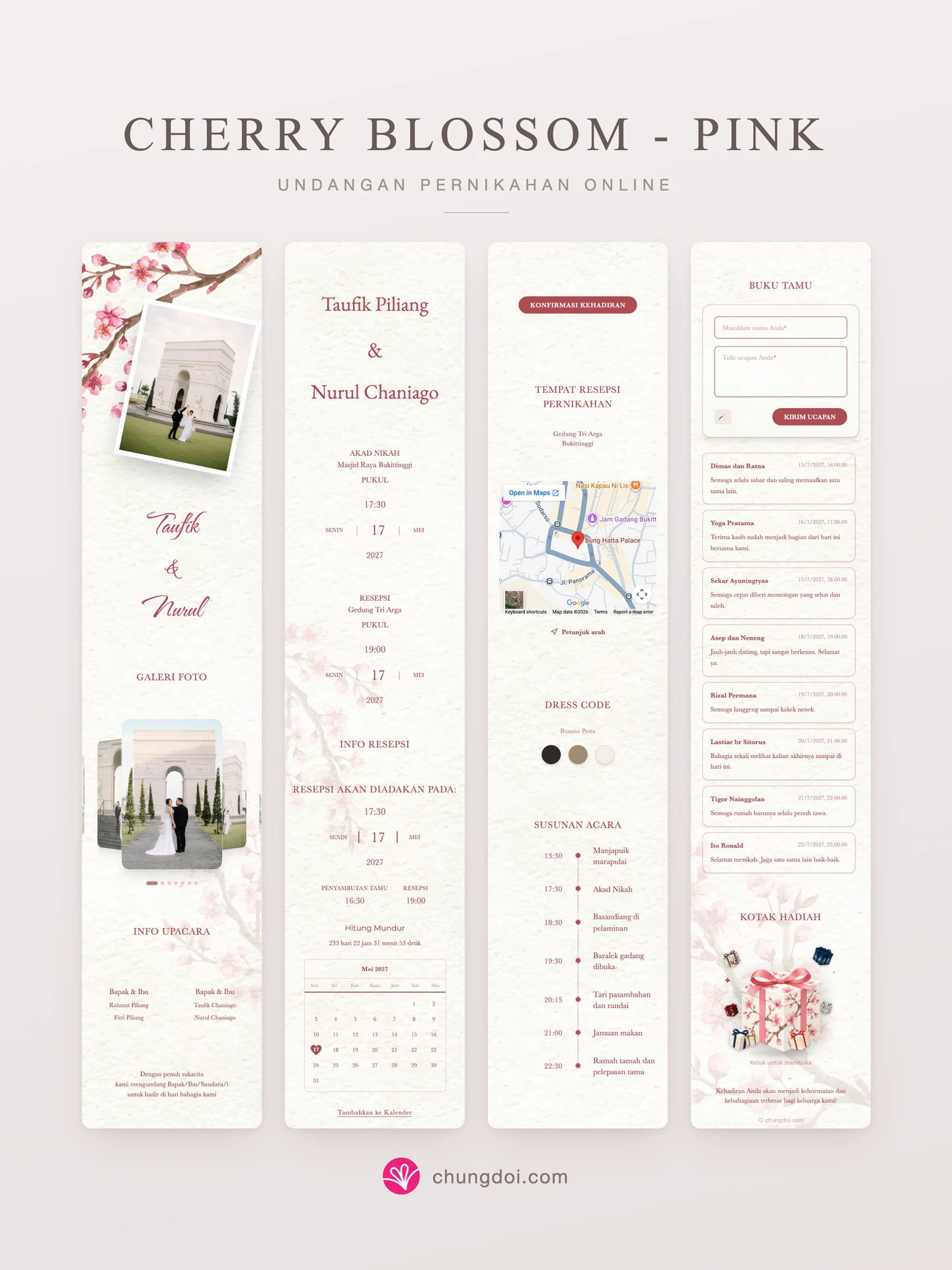 Tampilan lengkap undangan pernikahan Cherry Blossom - Pink: tiga bagiannya berdampingan