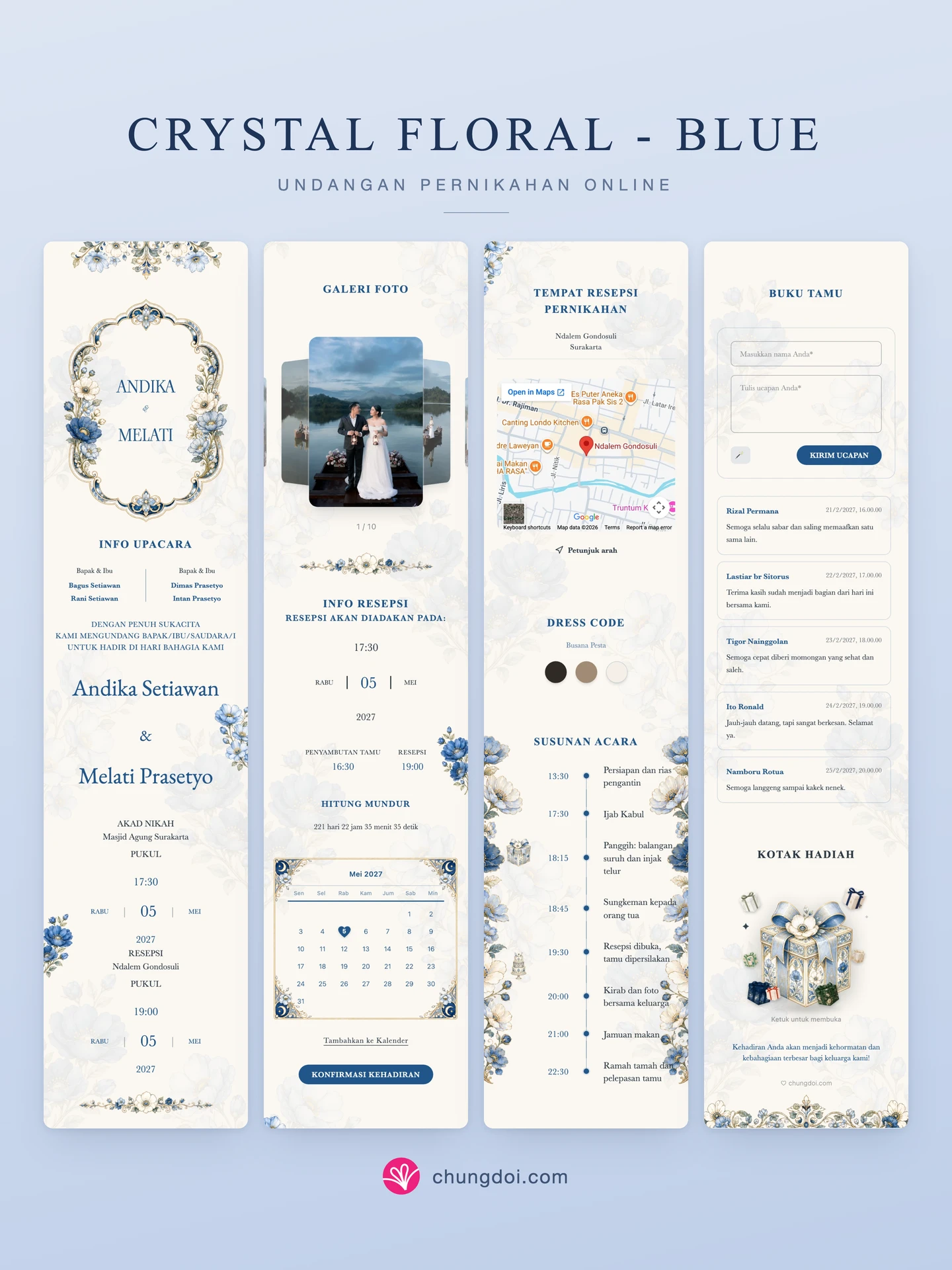 Tampilan lengkap undangan pernikahan Crystal Floral - Blue: tiga bagiannya berdampingan