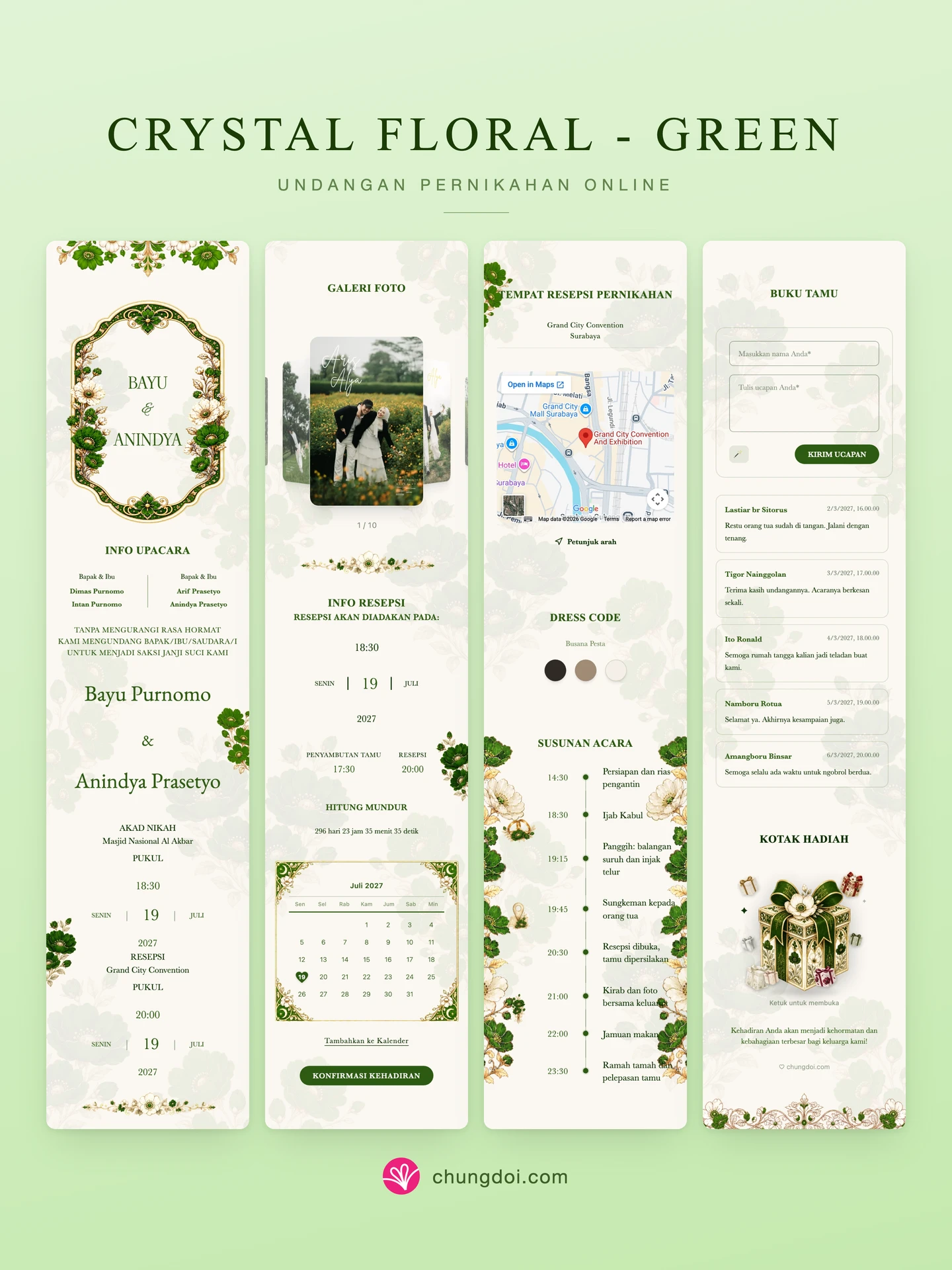 Tampilan lengkap undangan pernikahan Crystal Floral - Green: tiga bagiannya berdampingan