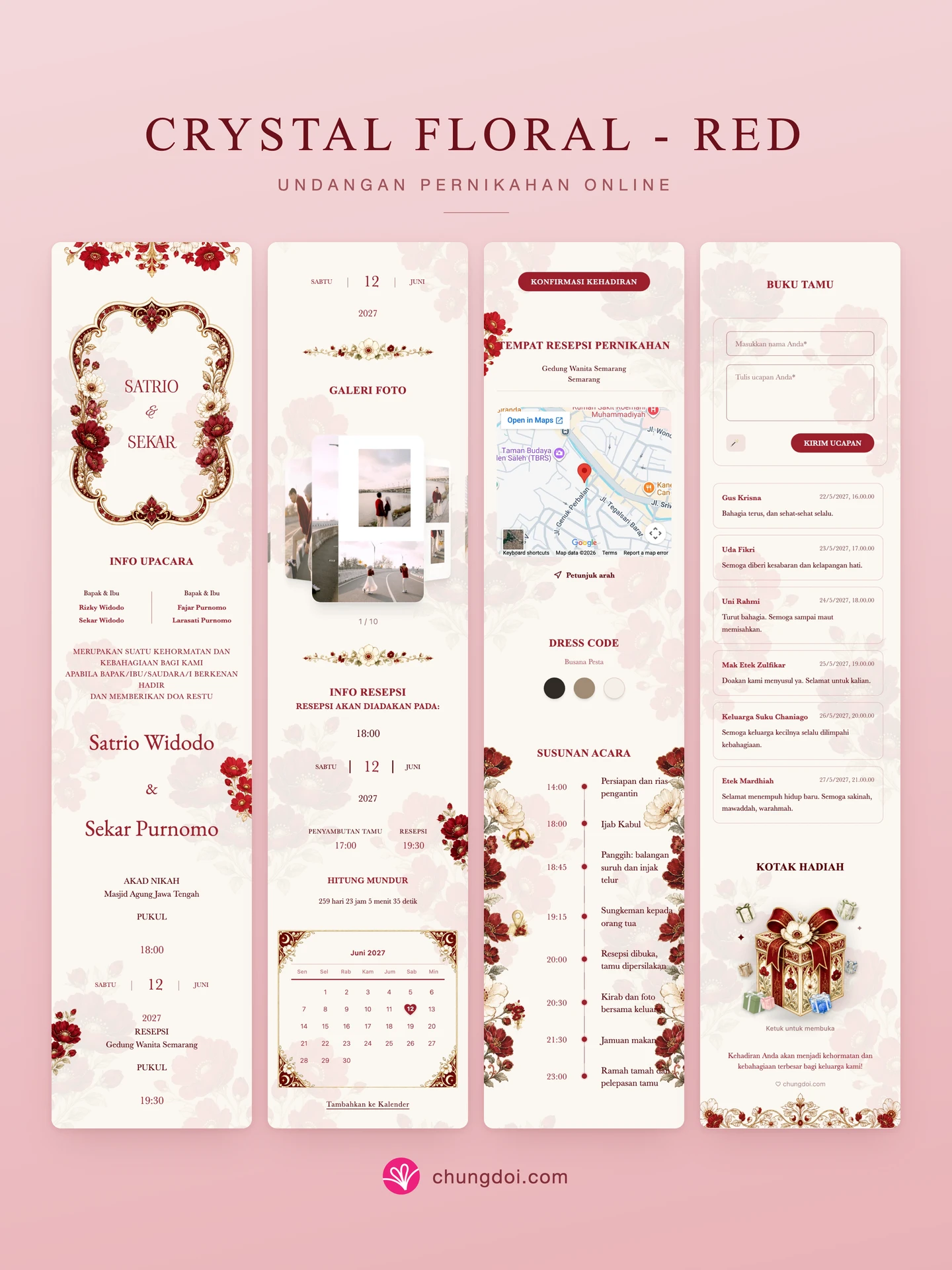 Tampilan lengkap undangan pernikahan Crystal Floral - Red: tiga bagiannya berdampingan