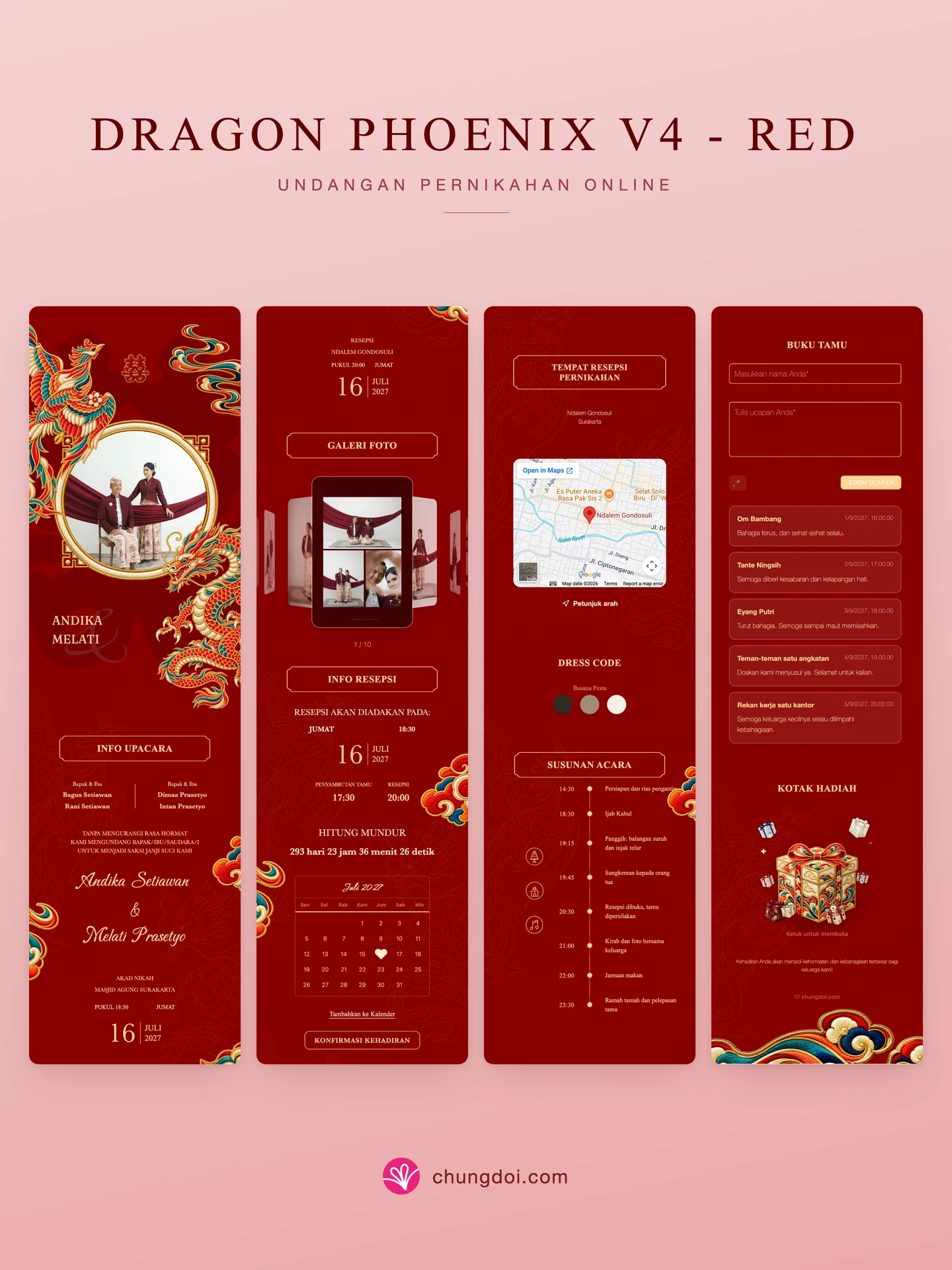 Tampilan lengkap undangan pernikahan Dragon Phoenix V4 - Red: tiga bagiannya berdampingan
