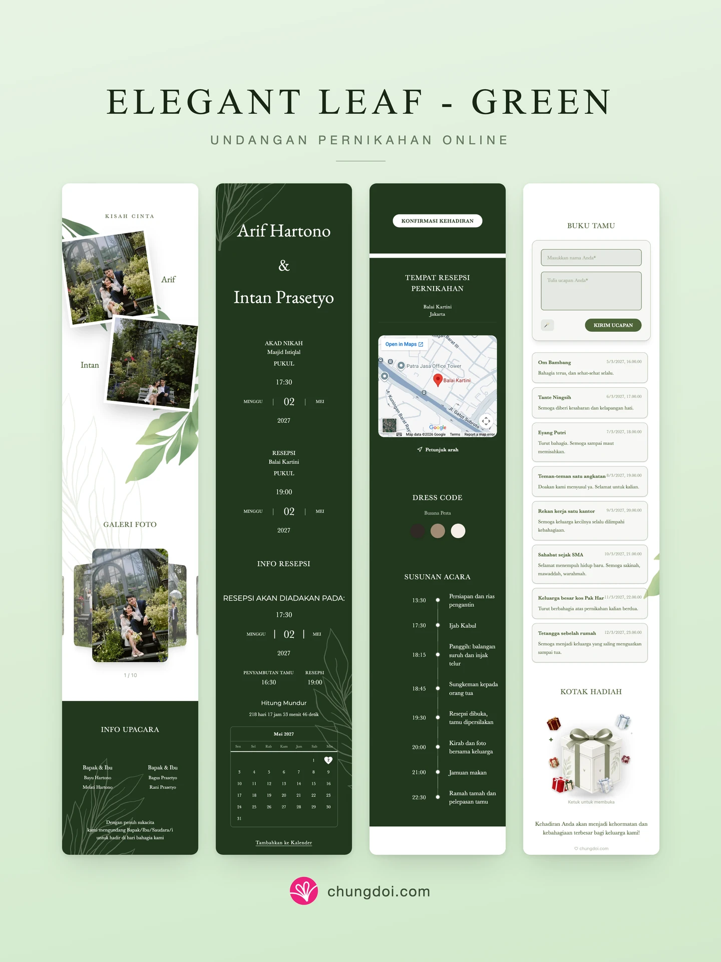 Tampilan lengkap undangan pernikahan Elegant Leaf - Green: tiga bagiannya berdampingan
