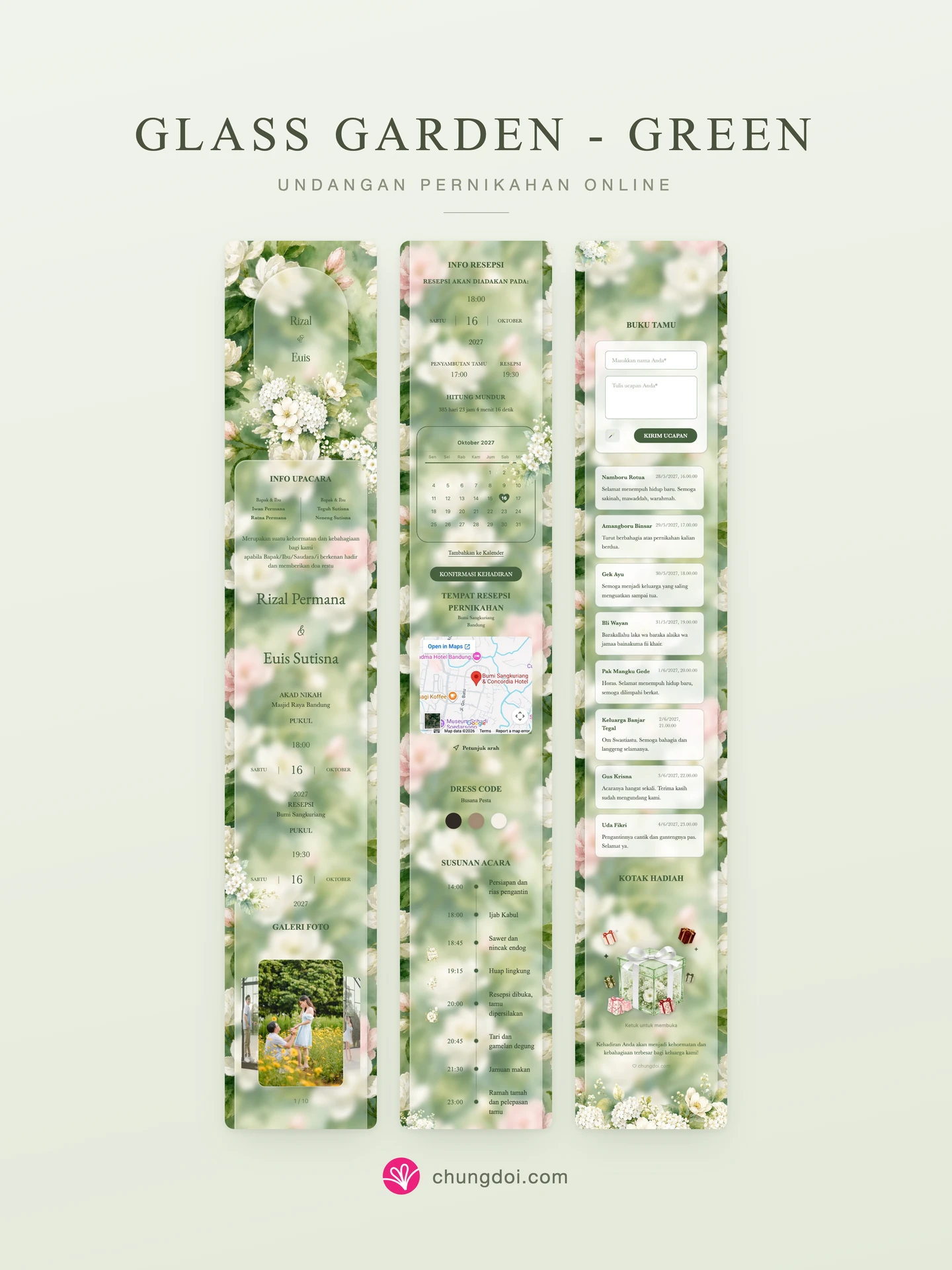 Tampilan lengkap undangan pernikahan Glass Garden - Green: tiga bagiannya berdampingan
