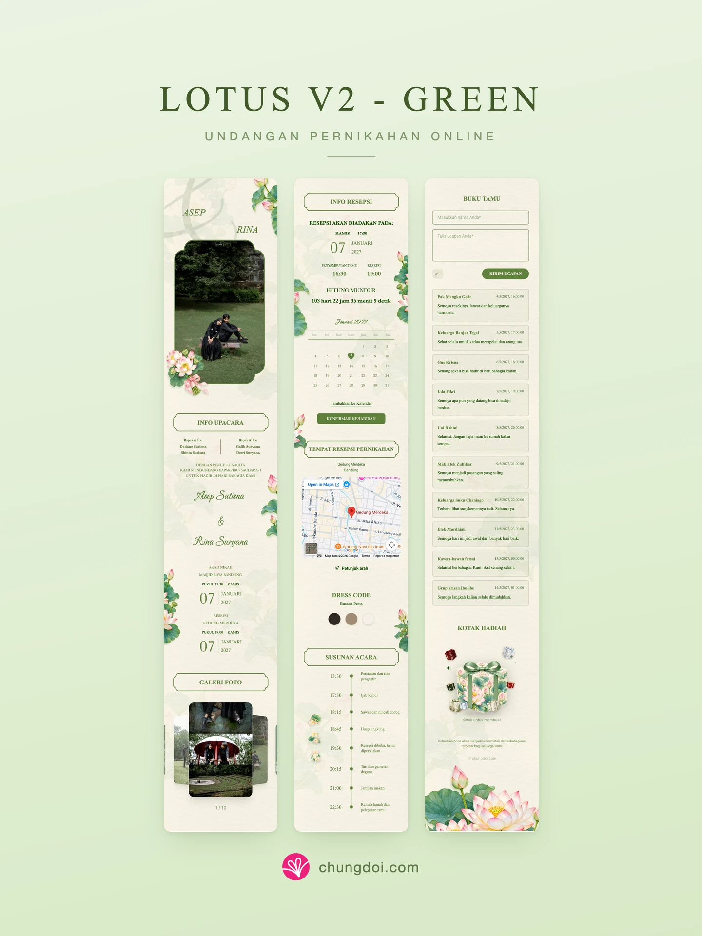 Tampilan lengkap undangan pernikahan Lotus V2 - Green: tiga bagiannya berdampingan