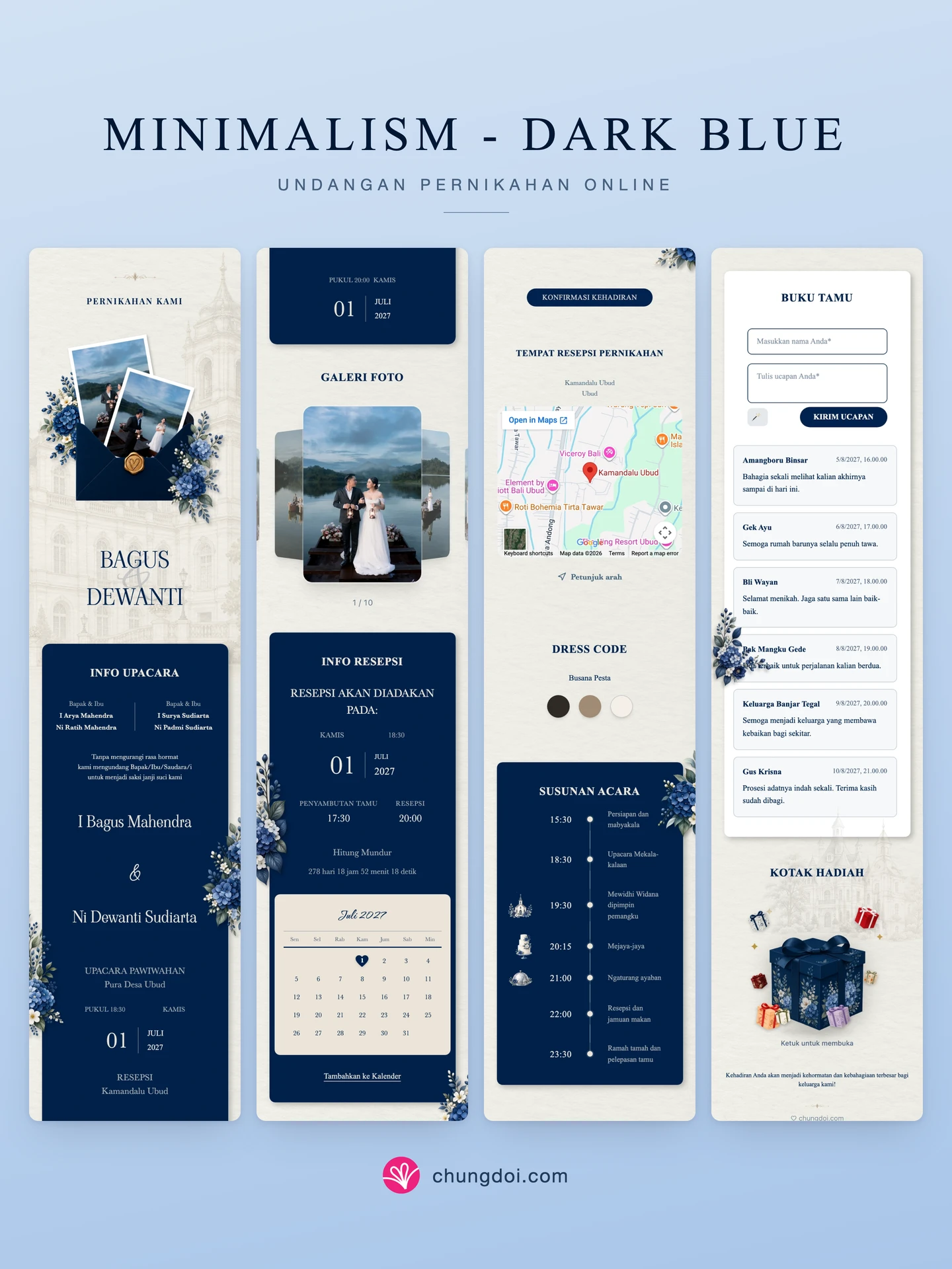 Tampilan lengkap undangan pernikahan Minimalism - Dark Blue: tiga bagiannya berdampingan