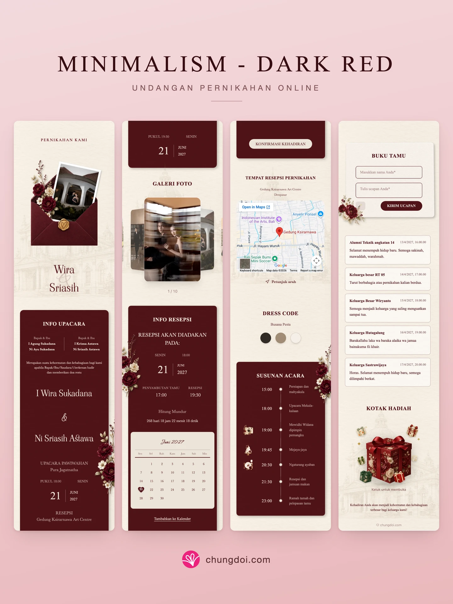 Tampilan lengkap undangan pernikahan Minimalism - Dark Red: tiga bagiannya berdampingan