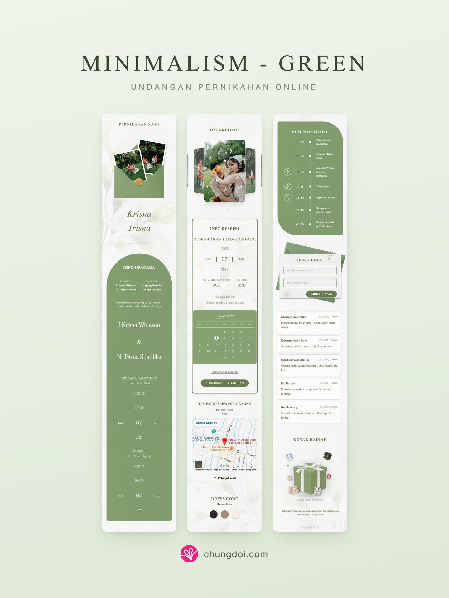 Tampilan lengkap undangan pernikahan Minimalism - Green: tiga bagiannya berdampingan