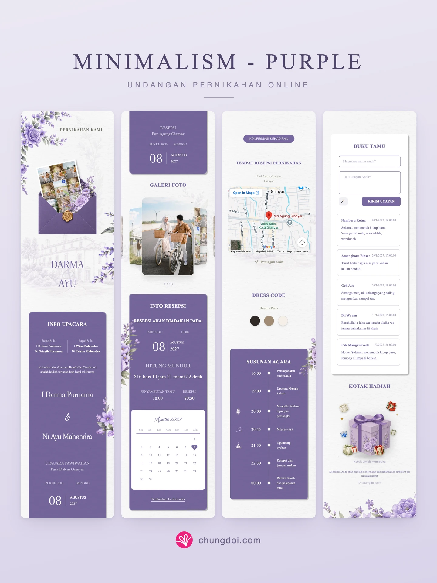 Tampilan lengkap undangan pernikahan Minimalism - Purple: tiga bagiannya berdampingan