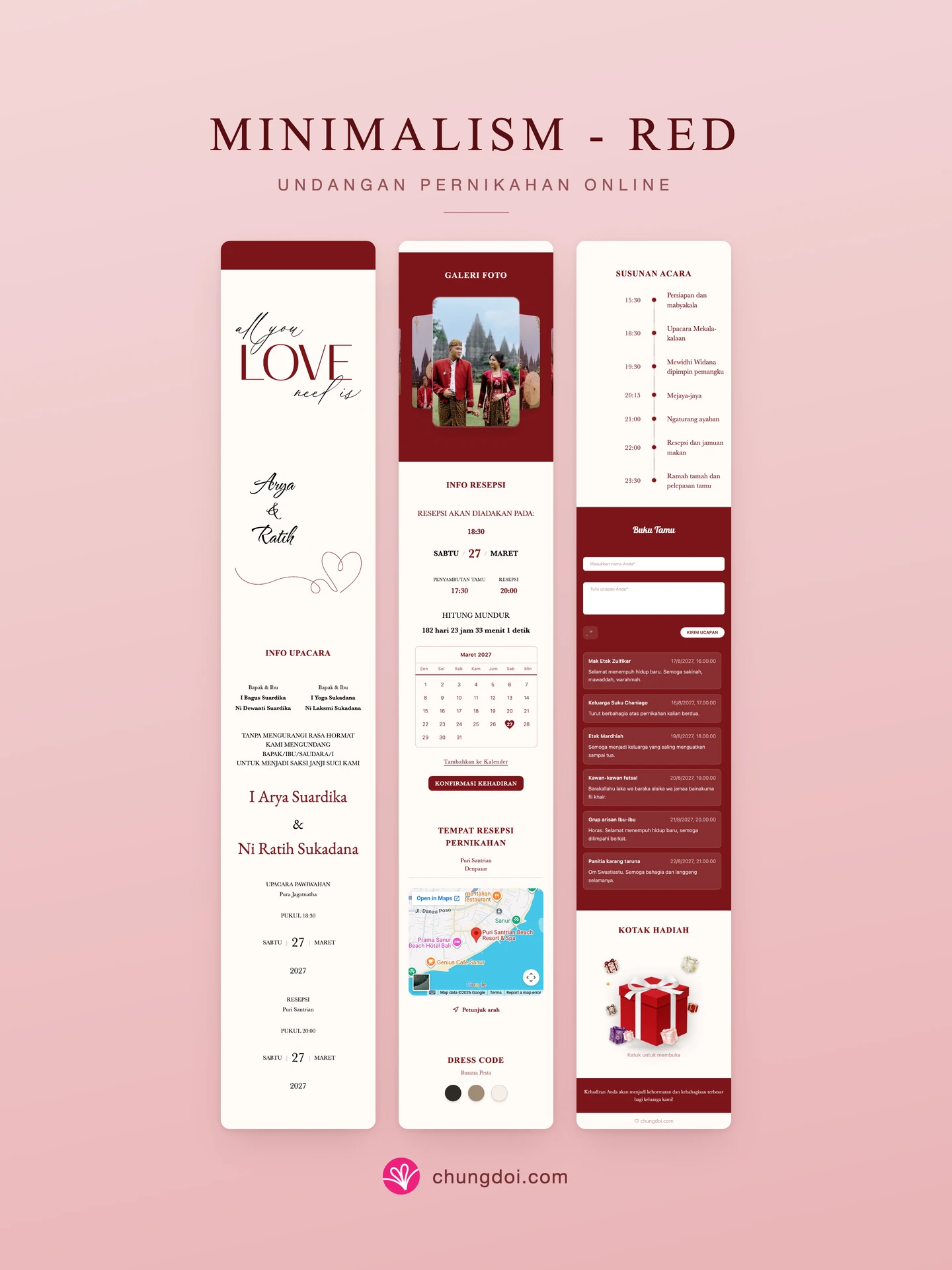 Tampilan lengkap undangan pernikahan Minimalism - Red: tiga bagiannya berdampingan