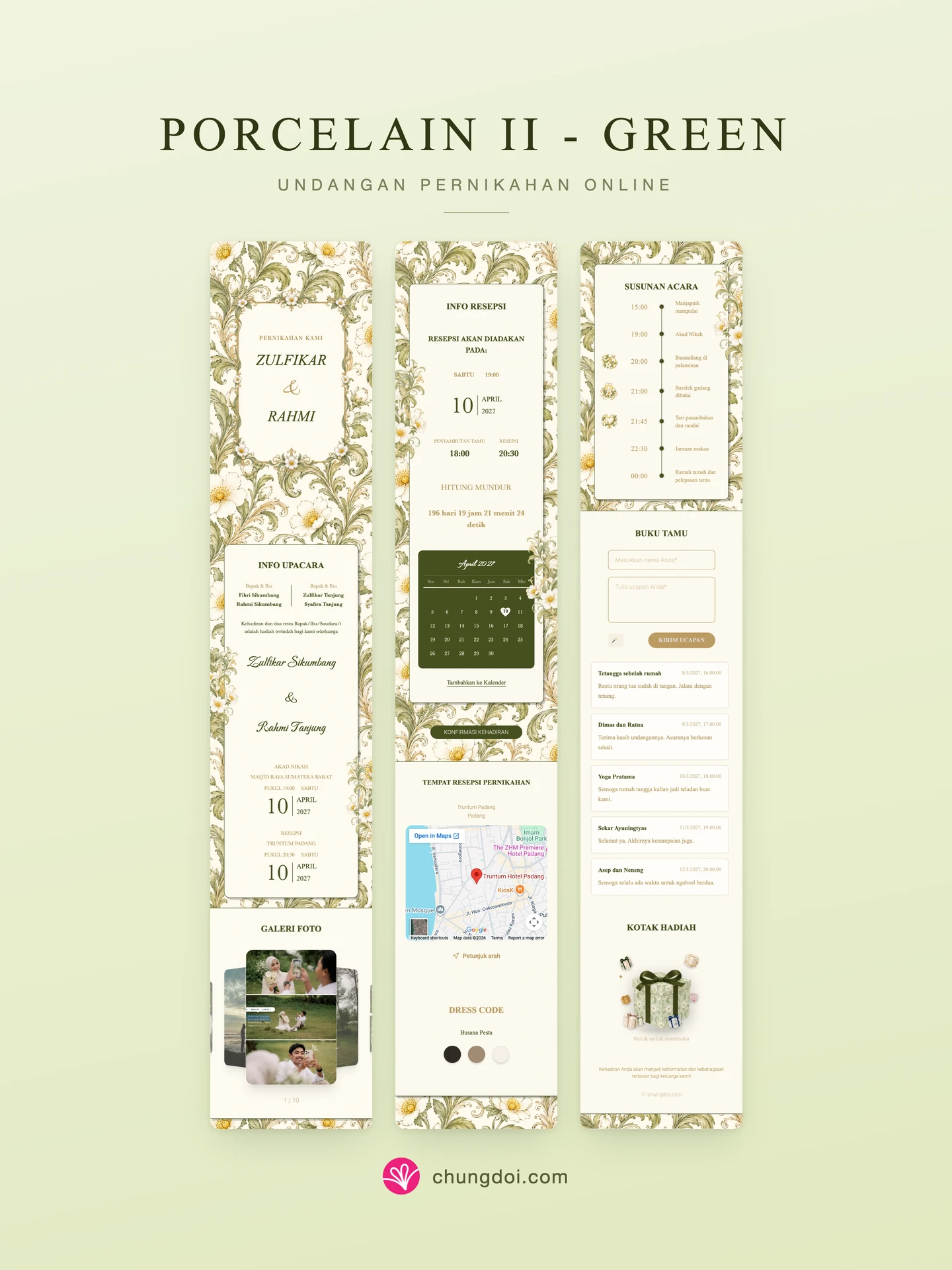 Tampilan lengkap undangan pernikahan Porcelain II - Green: tiga bagiannya berdampingan