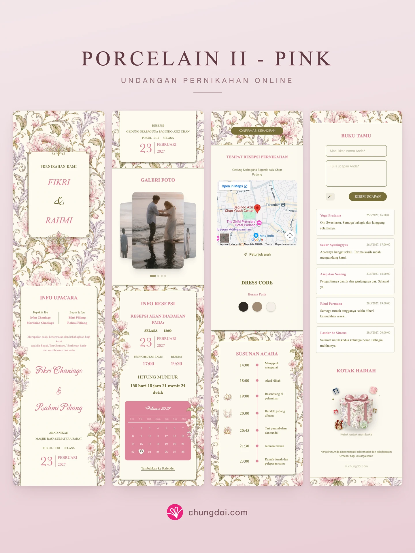 Tampilan lengkap undangan pernikahan Porcelain II - Pink: tiga bagiannya berdampingan