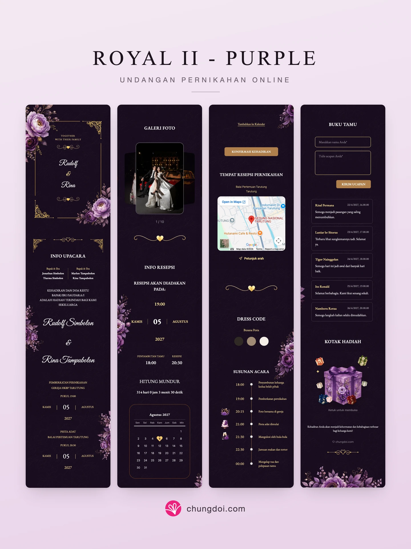 Tampilan lengkap undangan pernikahan Royal II - Purple: tiga bagiannya berdampingan