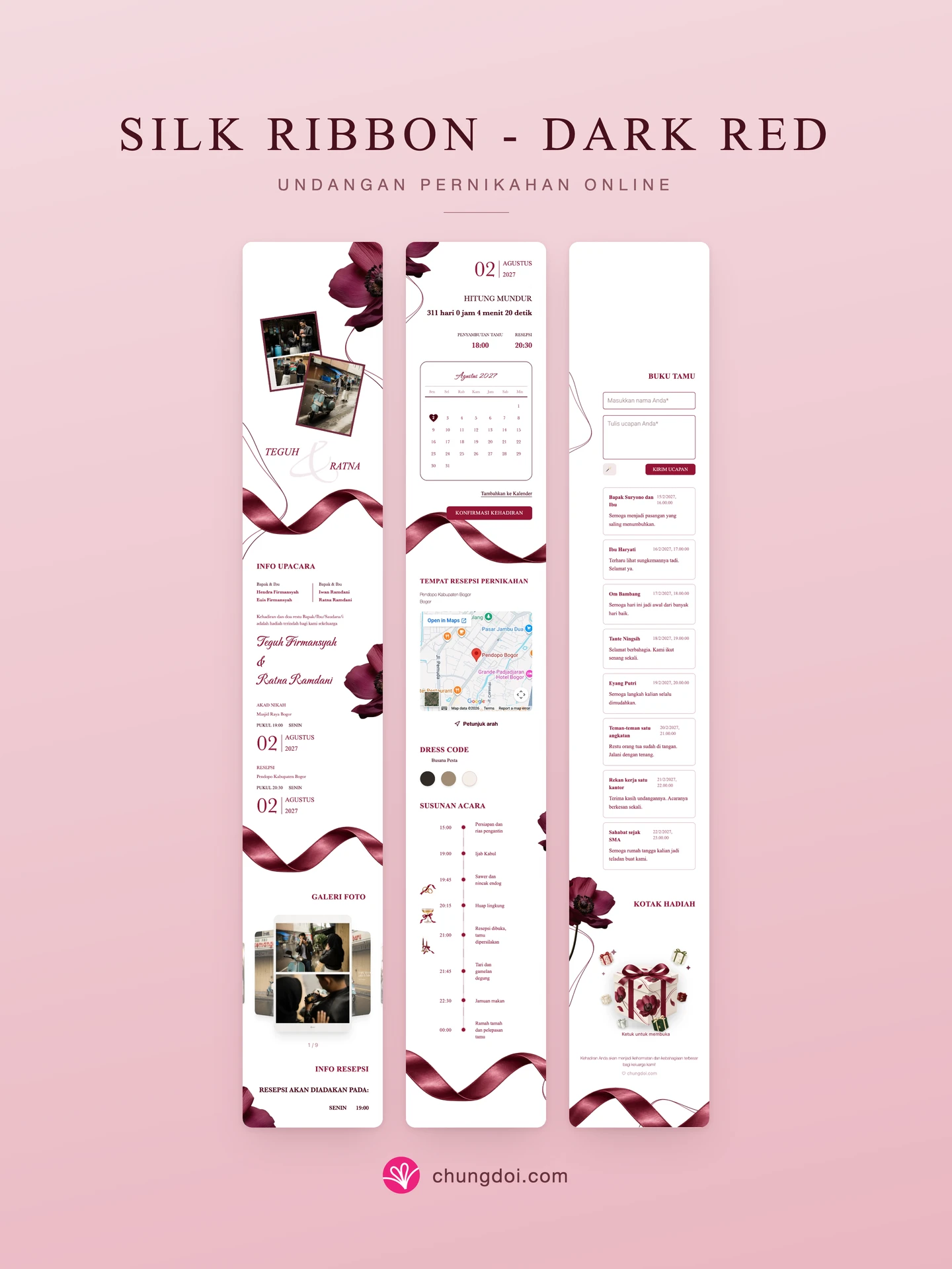 Tampilan lengkap undangan pernikahan Silk Ribbon - Dark Red: tiga bagiannya berdampingan