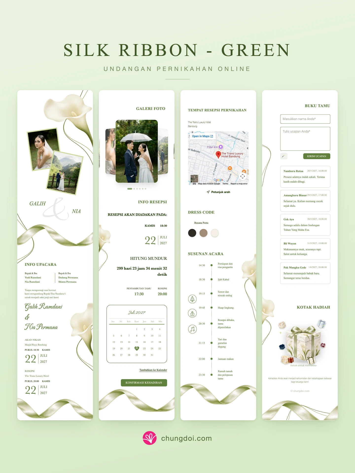 Tampilan lengkap undangan pernikahan Silk Ribbon - Green: tiga bagiannya berdampingan