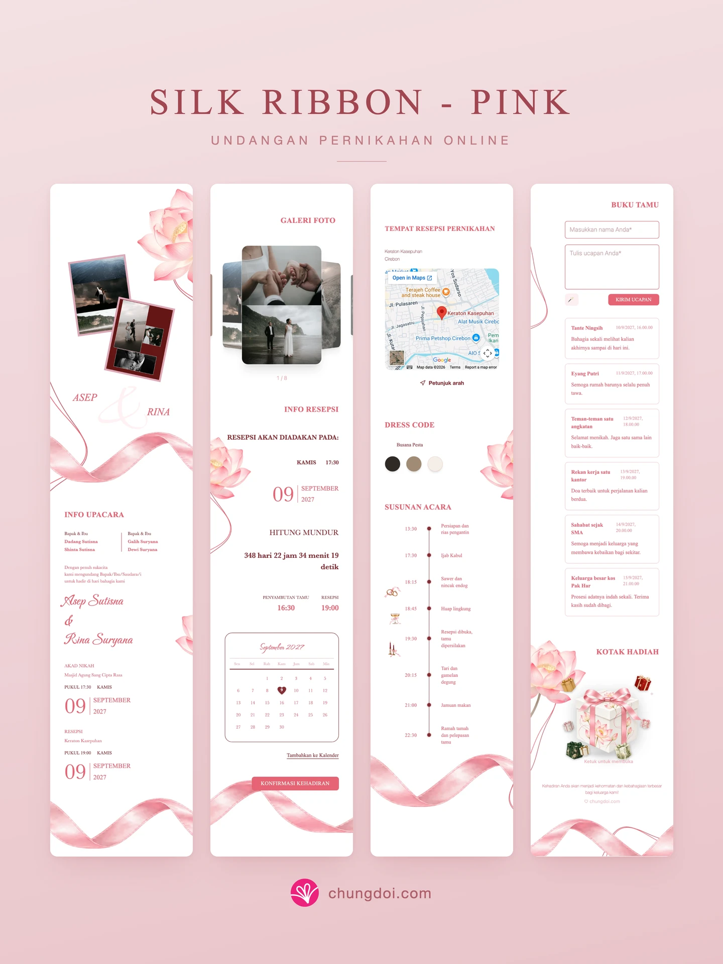 Tampilan lengkap undangan pernikahan Silk Ribbon - Pink: tiga bagiannya berdampingan