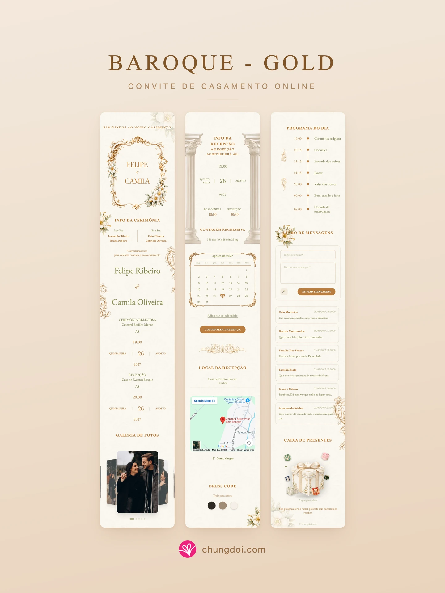Visão completa do convite de casamento Baroque - Gold: as três partes lado a lado