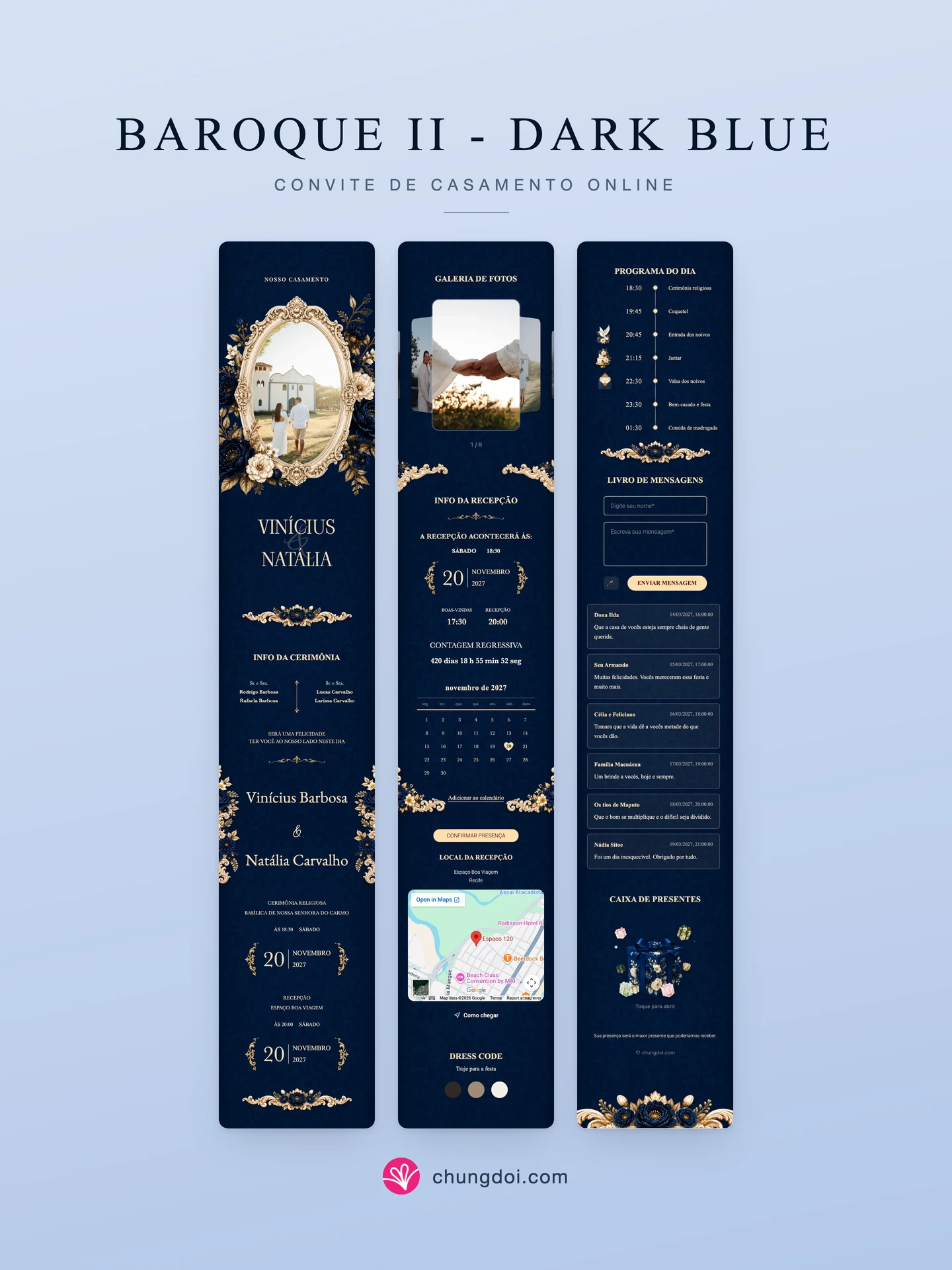 Visão completa do convite de casamento Baroque II - Dark Blue: as três partes lado a lado