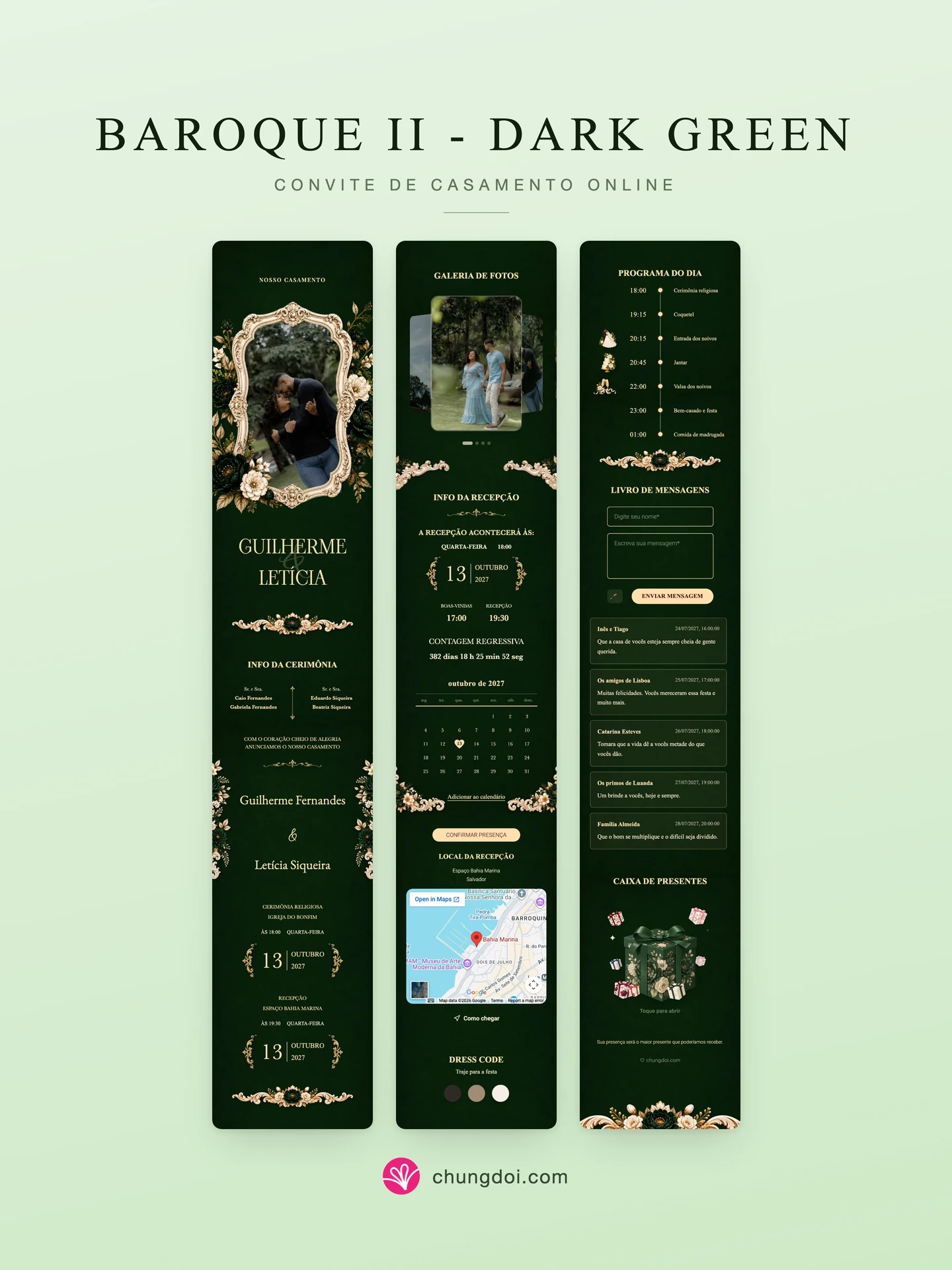 Visão completa do convite de casamento Baroque II - Dark Green: as três partes lado a lado