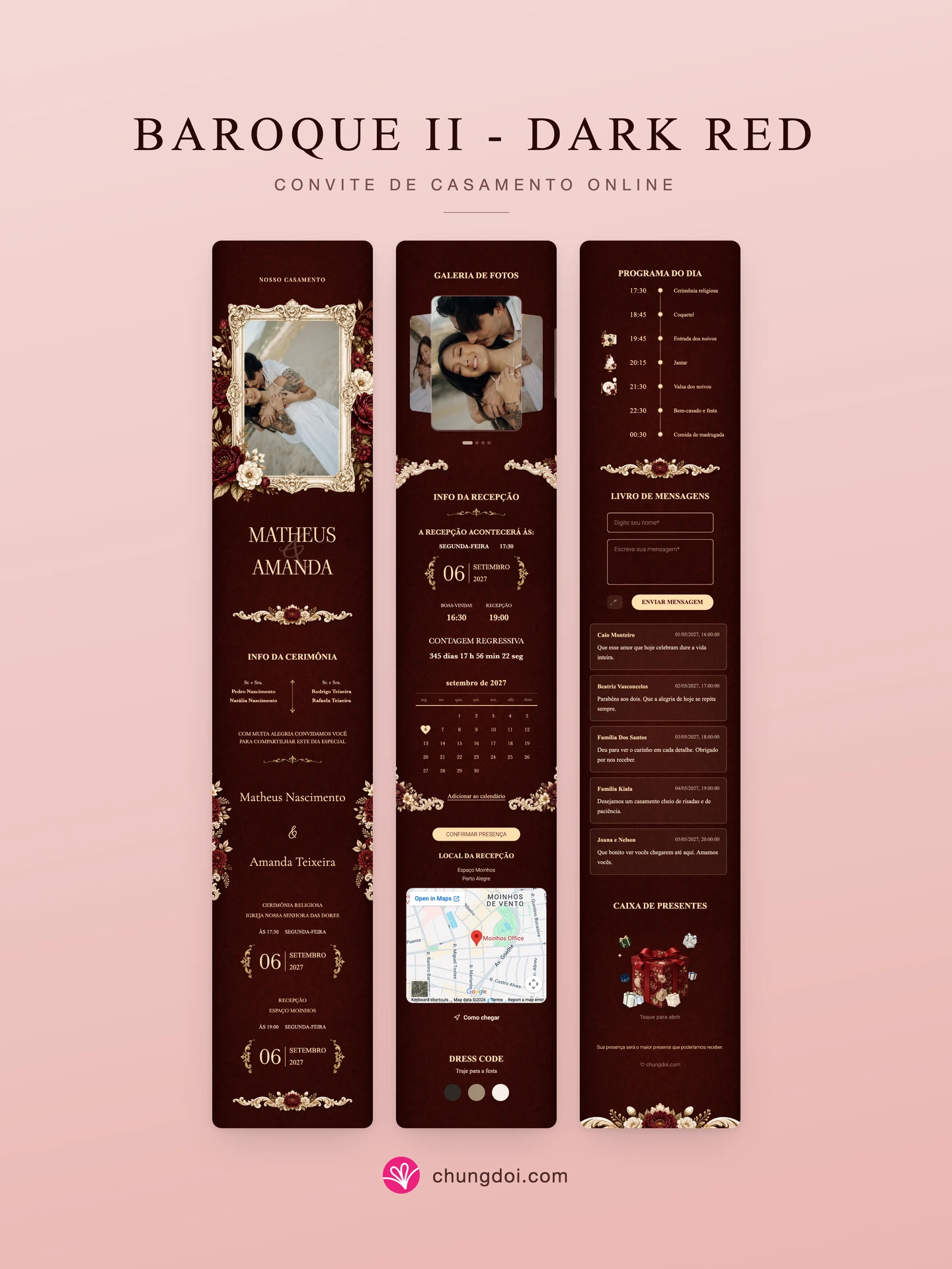 Visão completa do convite de casamento Baroque II - Dark Red: as três partes lado a lado