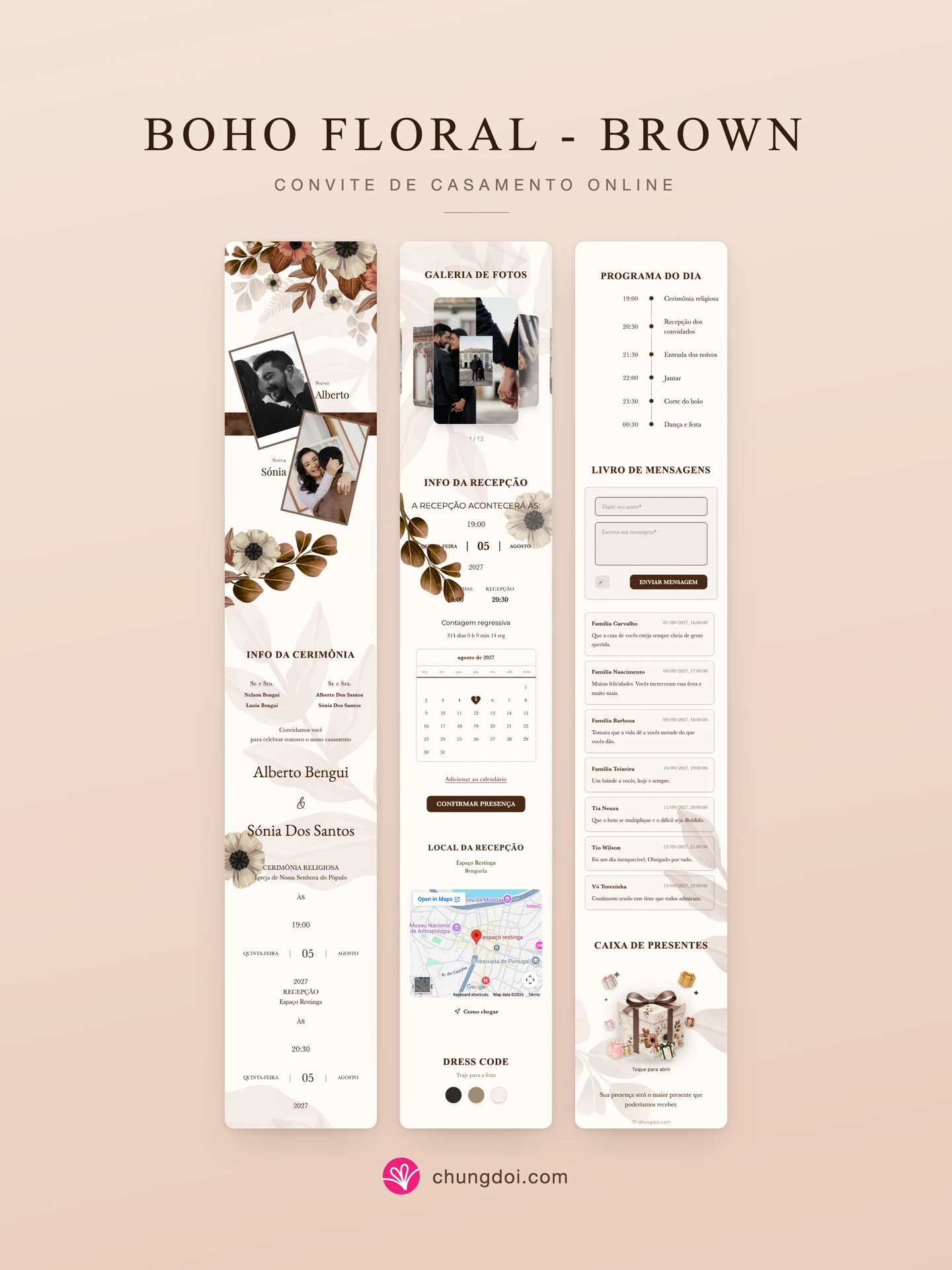 Visão completa do convite de casamento Boho Floral - Brown: as três partes lado a lado