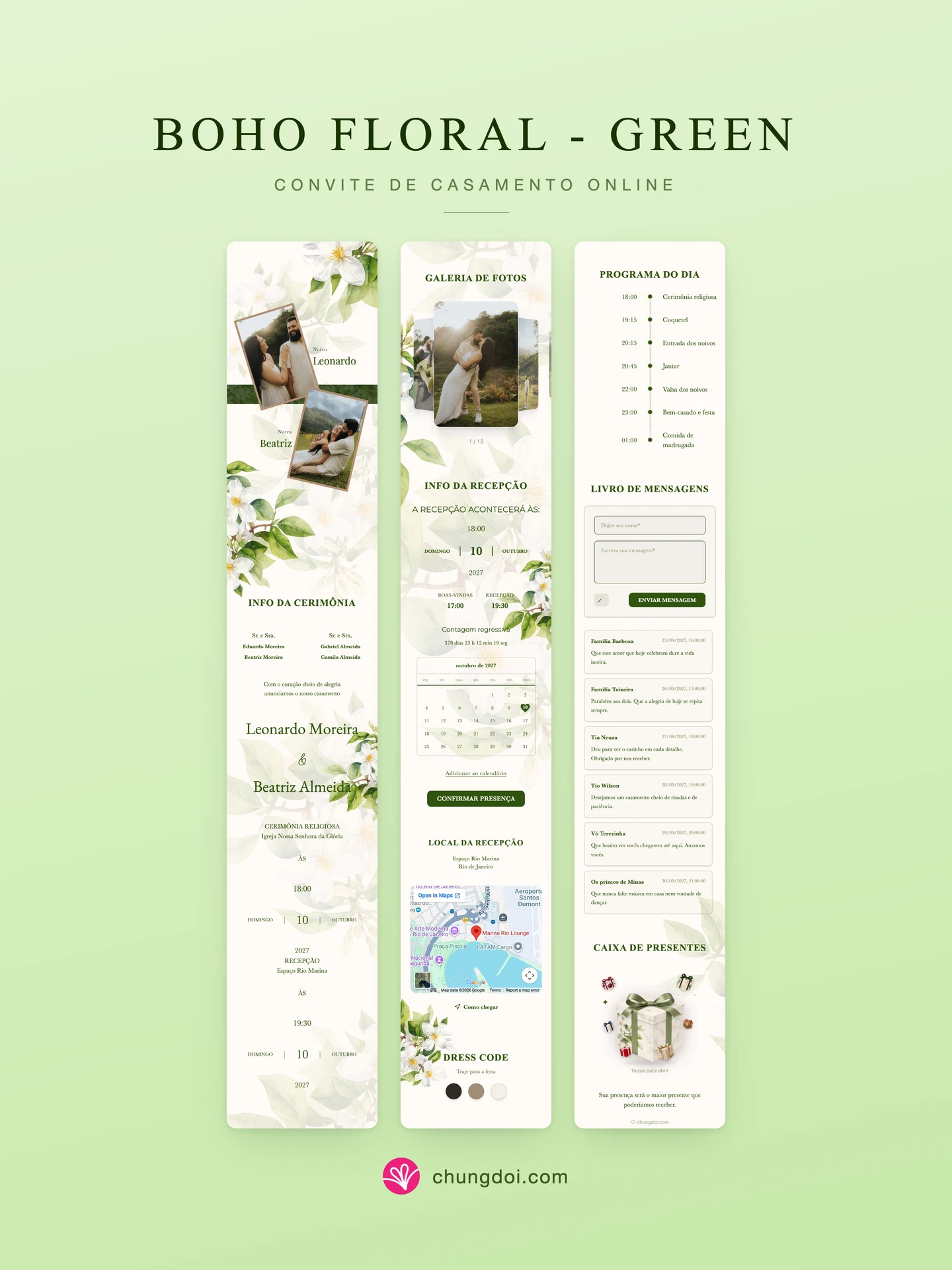 Visão completa do convite de casamento Boho Floral - Green: as três partes lado a lado