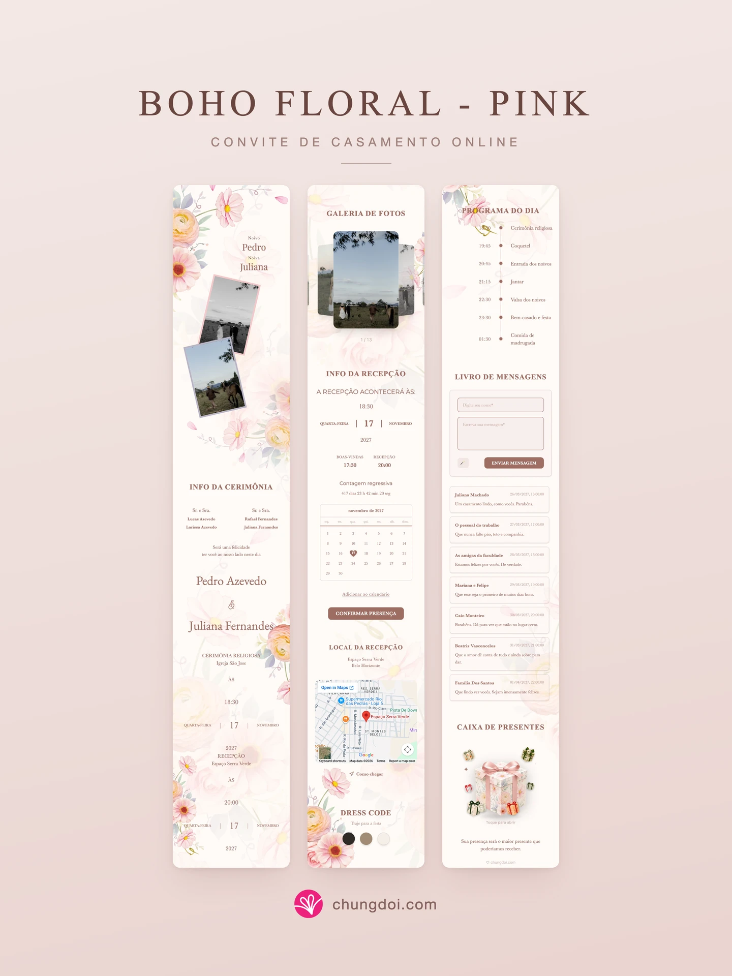 Visão completa do convite de casamento Boho Floral - Pink: as três partes lado a lado
