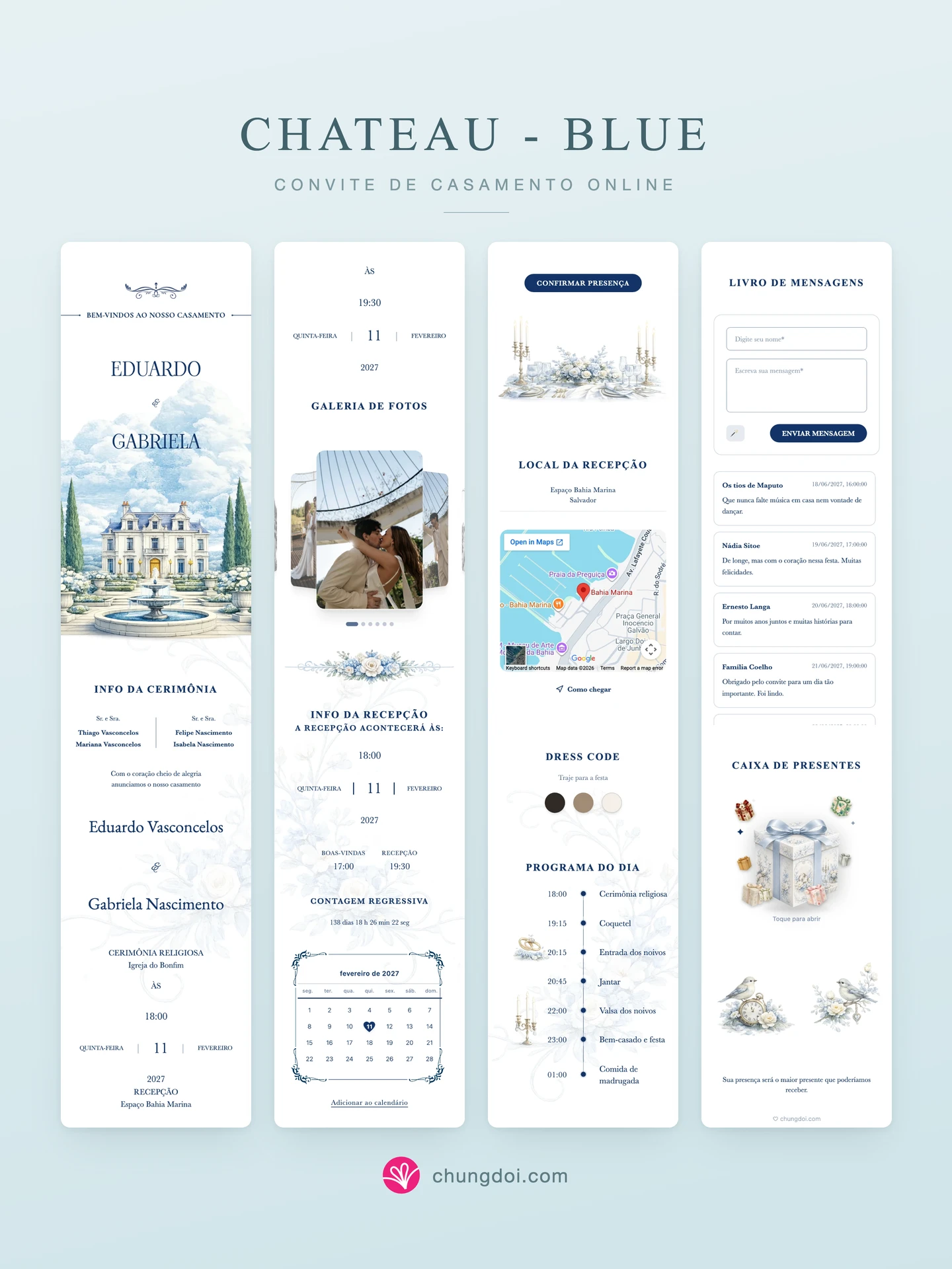 Visão completa do convite de casamento Chateau - Blue: as três partes lado a lado