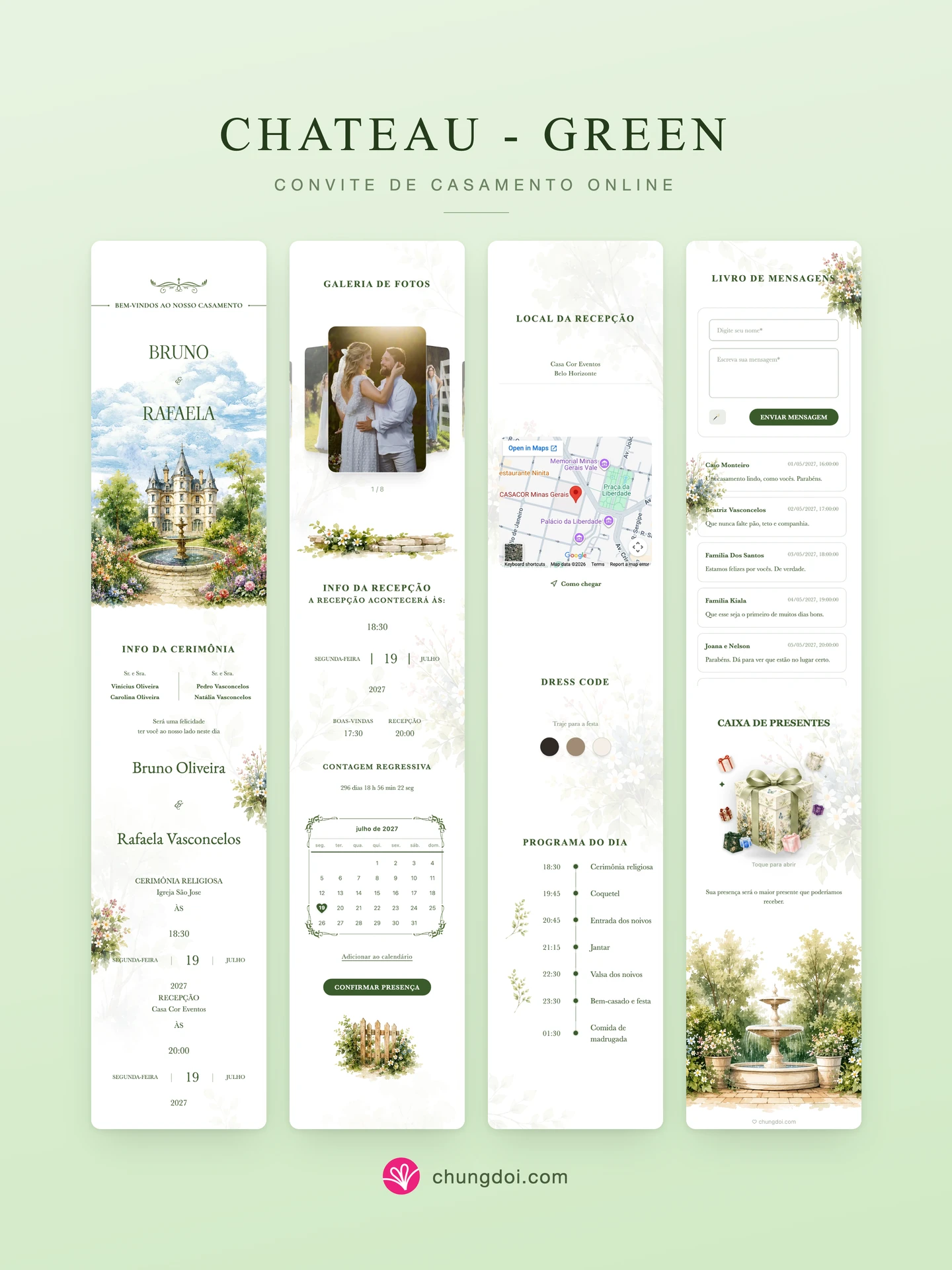 Visão completa do convite de casamento Chateau - Green: as três partes lado a lado