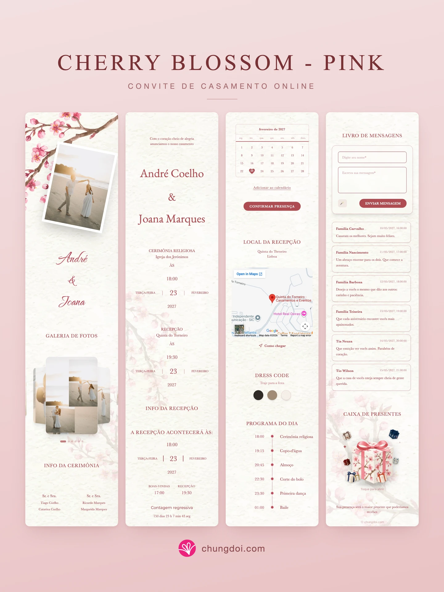 Visão completa do convite de casamento Cherry Blossom - Pink: as três partes lado a lado