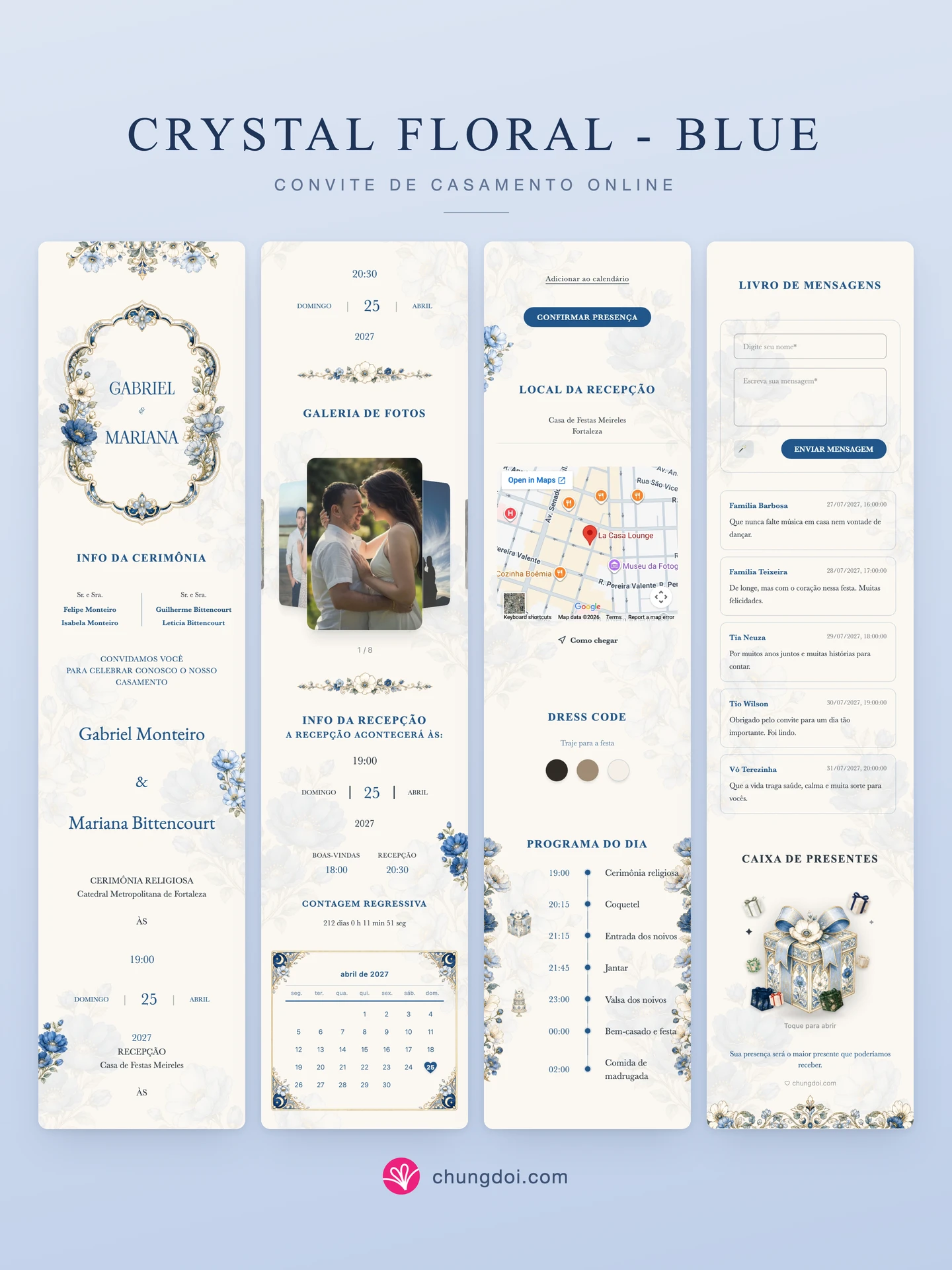 Visão completa do convite de casamento Crystal Floral - Blue: as três partes lado a lado