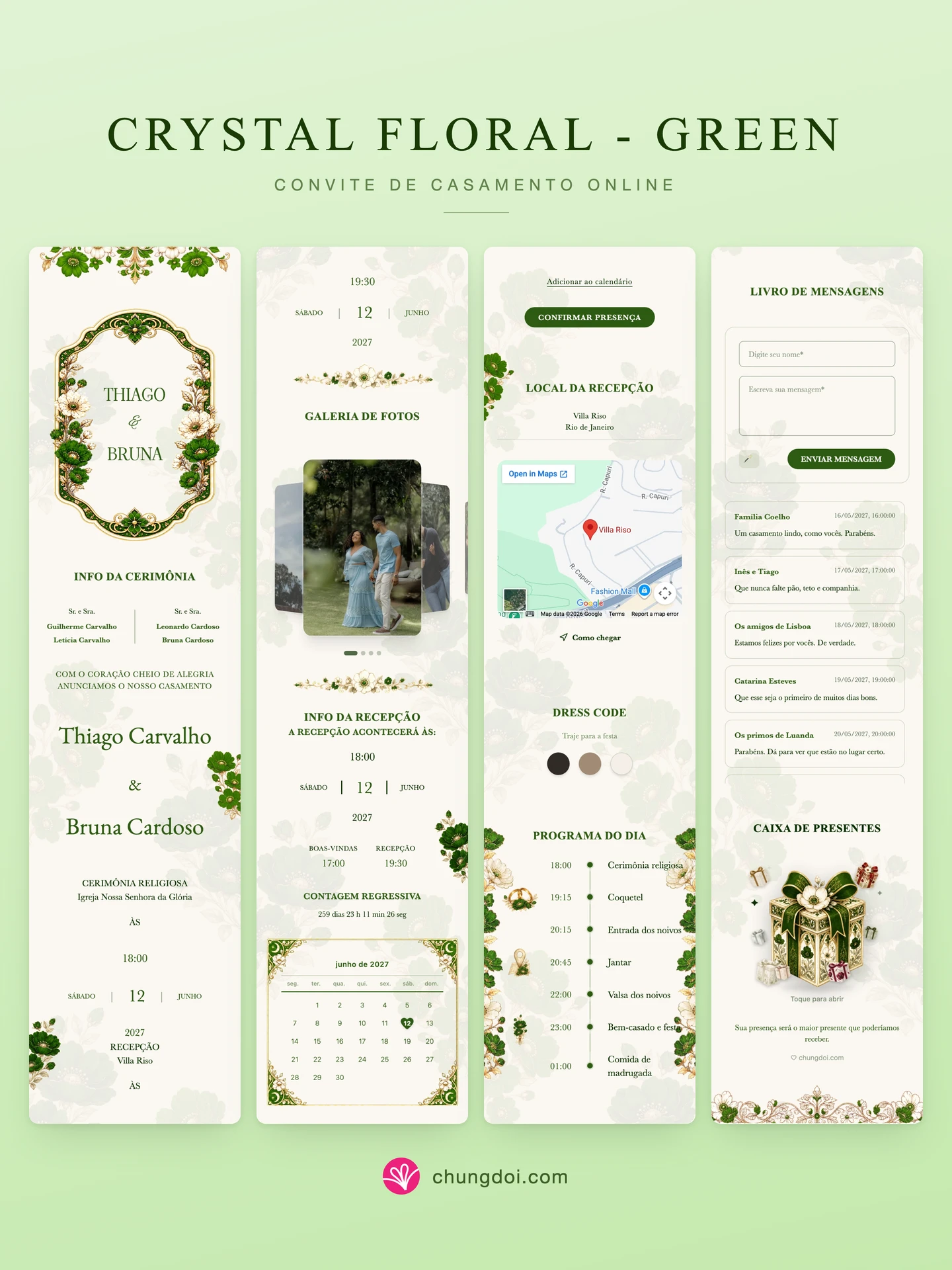 Visão completa do convite de casamento Crystal Floral - Green: as três partes lado a lado