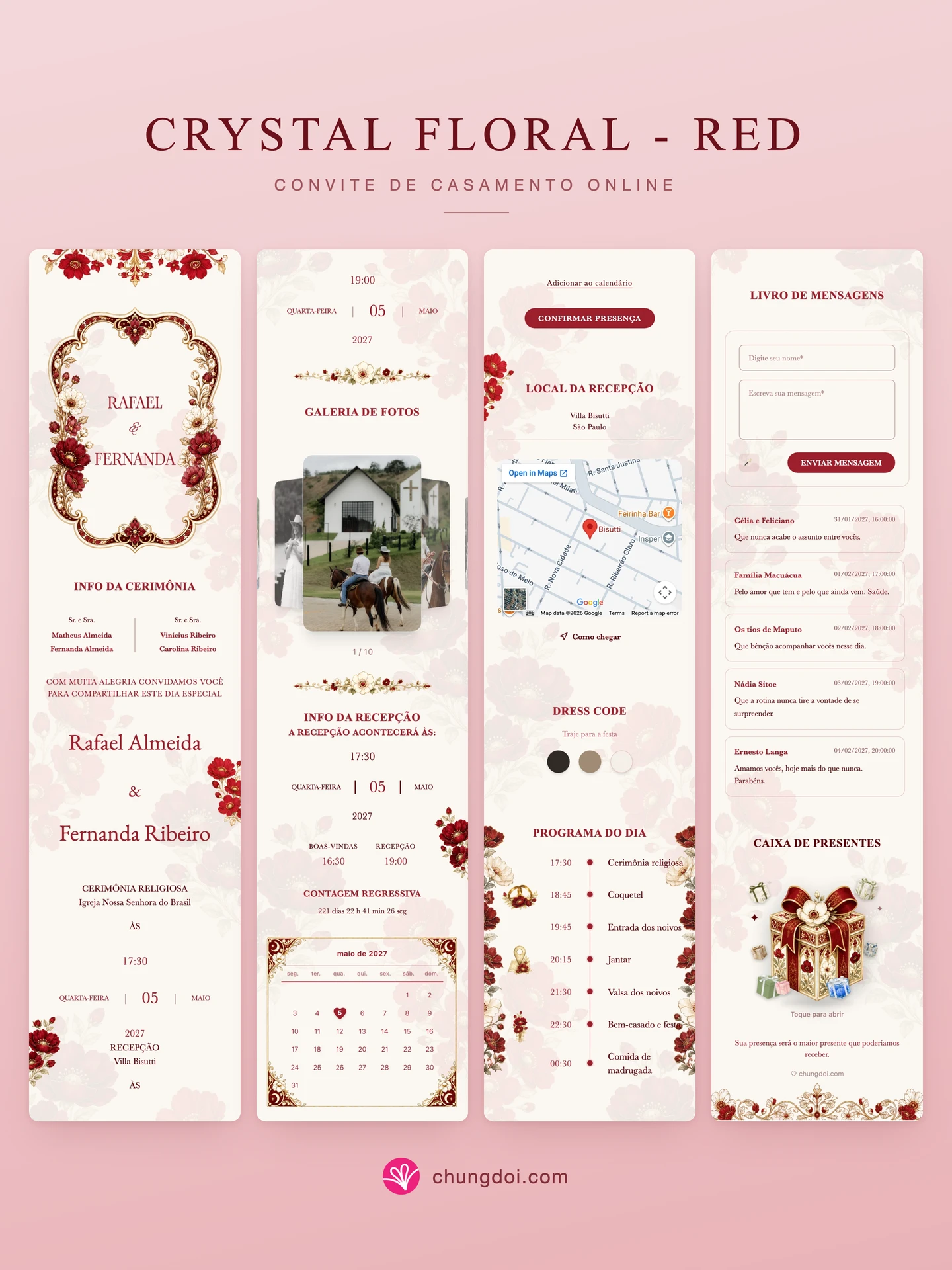 Visão completa do convite de casamento Crystal Floral - Red: as três partes lado a lado