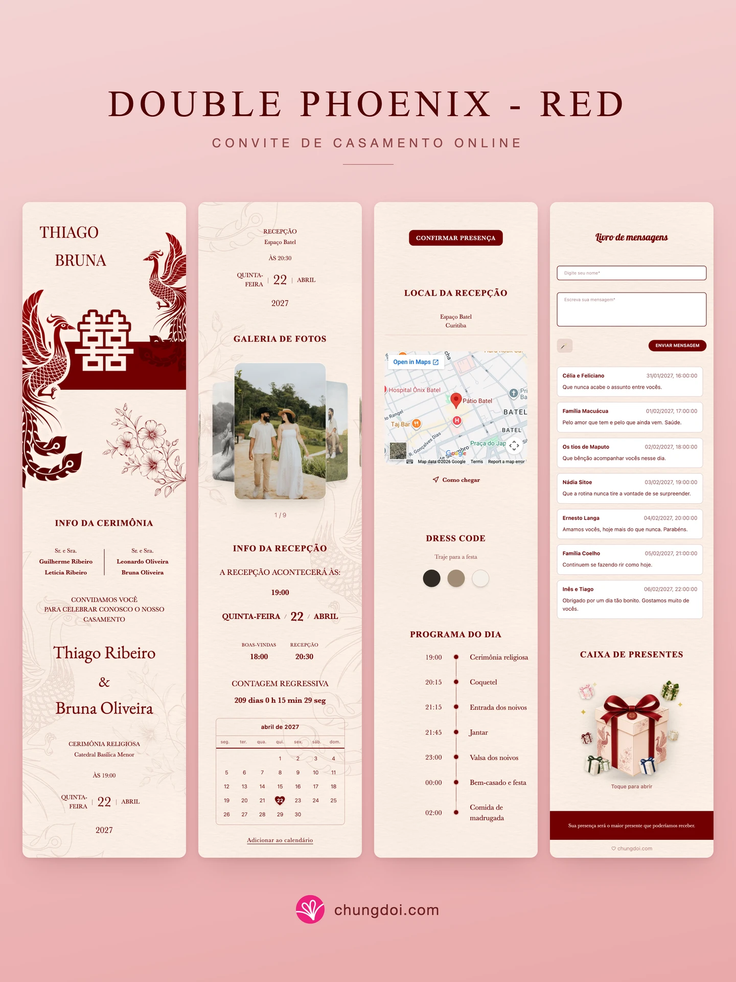 Visão completa do convite de casamento Double Phoenix - Red: as três partes lado a lado