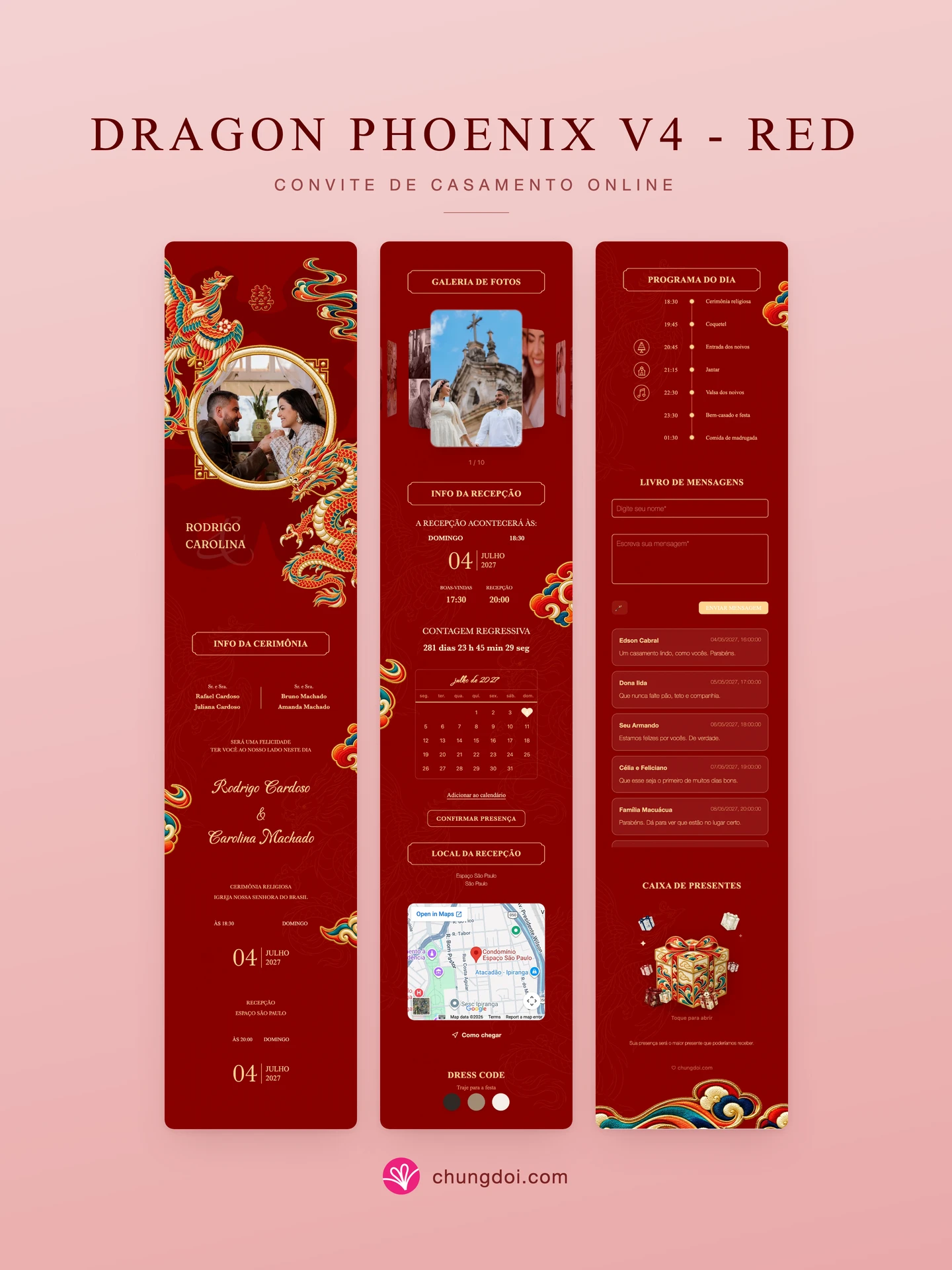 Visão completa do convite de casamento Dragon Phoenix V4 - Red: as três partes lado a lado