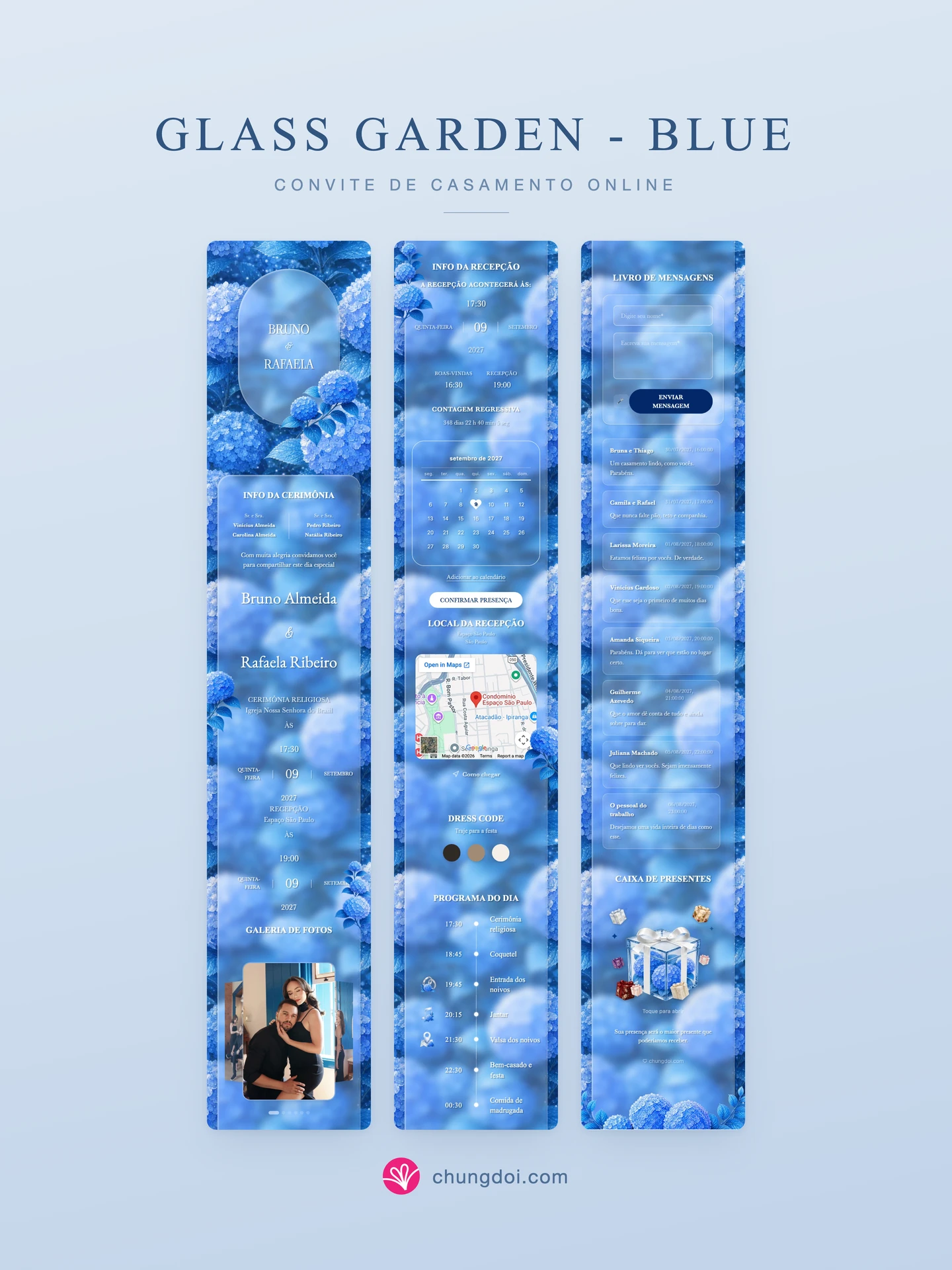 Visão completa do convite de casamento Glass Garden - Blue: as três partes lado a lado